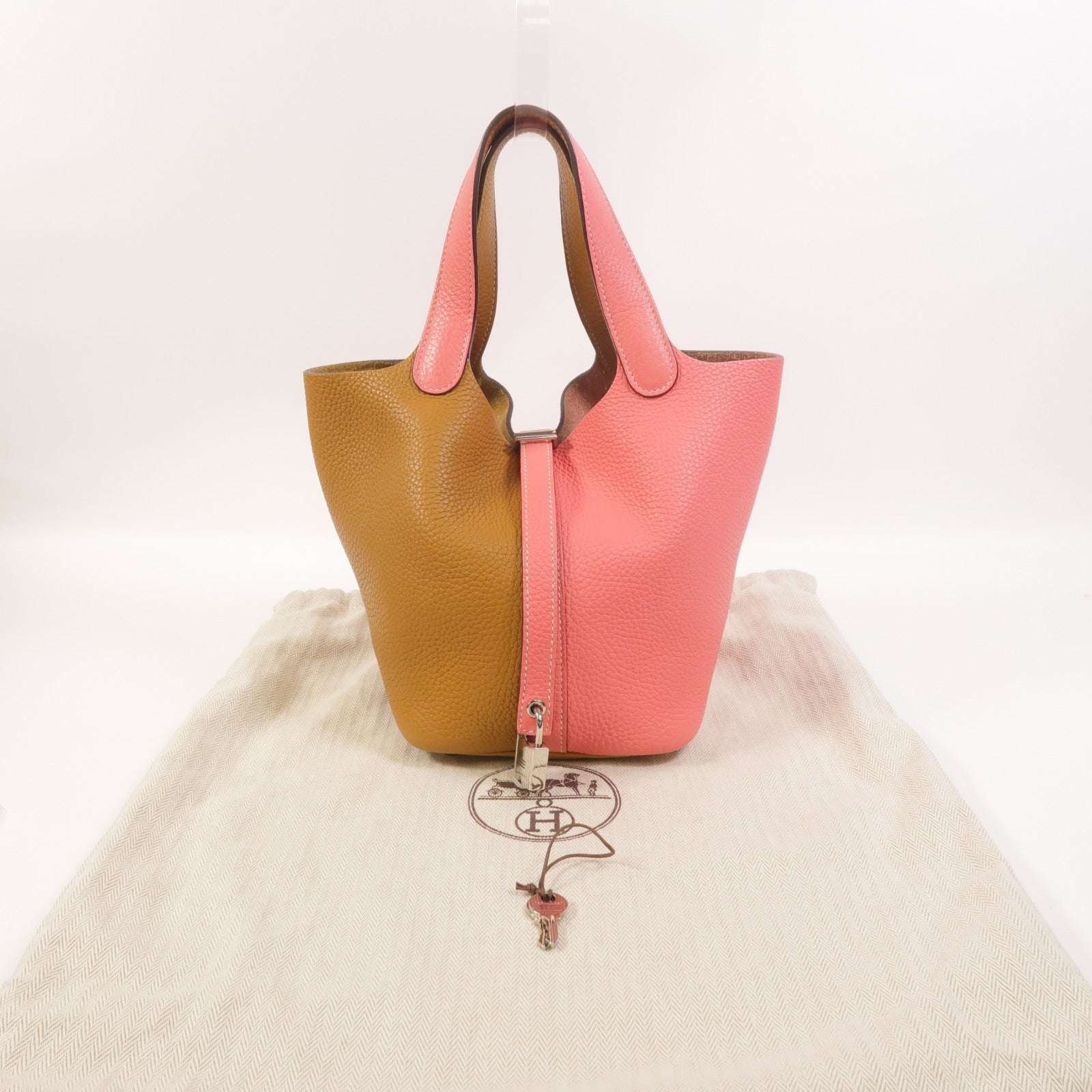 HERMES Clemence皮革Picotin PM手挽袋Rose Azalee/Sesame