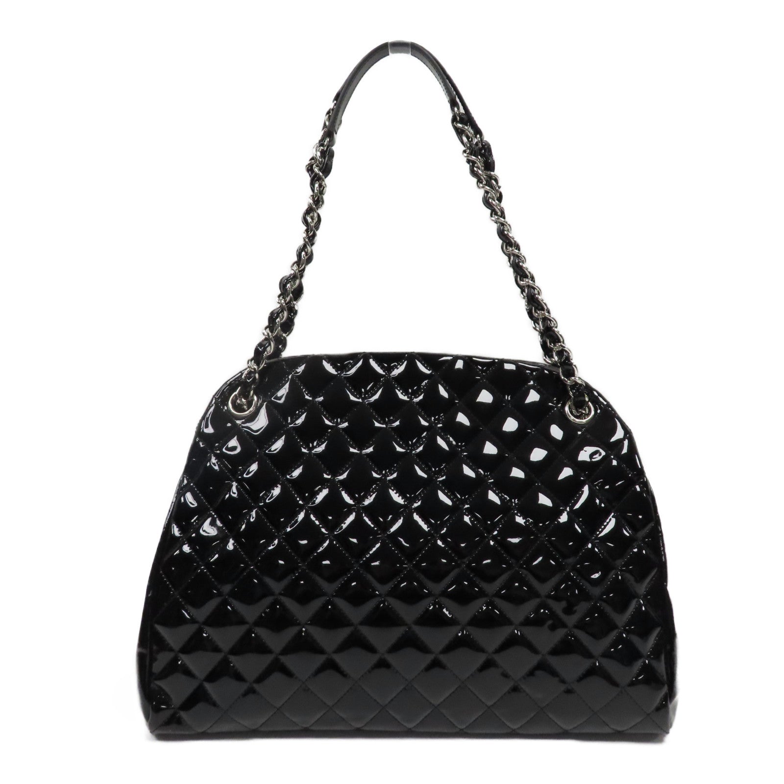 CHANEL 菱格漆皮皮革Chain Tote Bag銀扣鏈帶手挽袋黑色