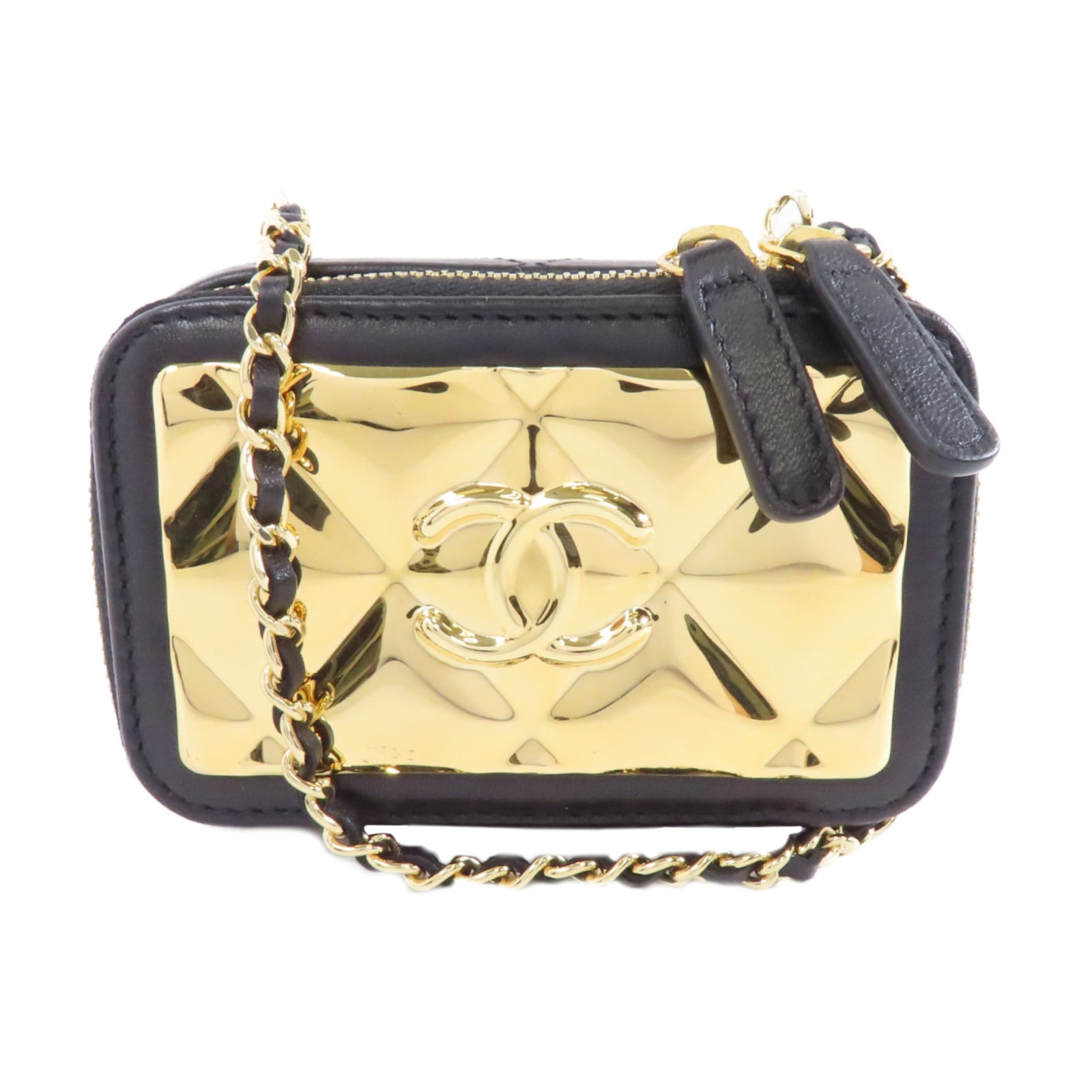 CHANEL 菱格羊皮皮革金Clutch With Chain金扣鏈帶肩背袋黑色/金色