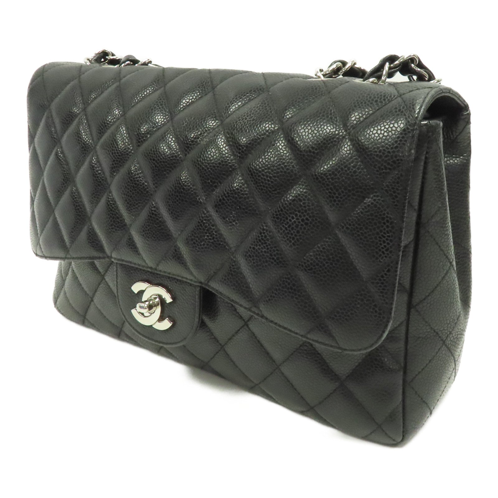 CHANEL Caviar皮革Classic Jumbo銀扣鏈帶肩背袋黑色