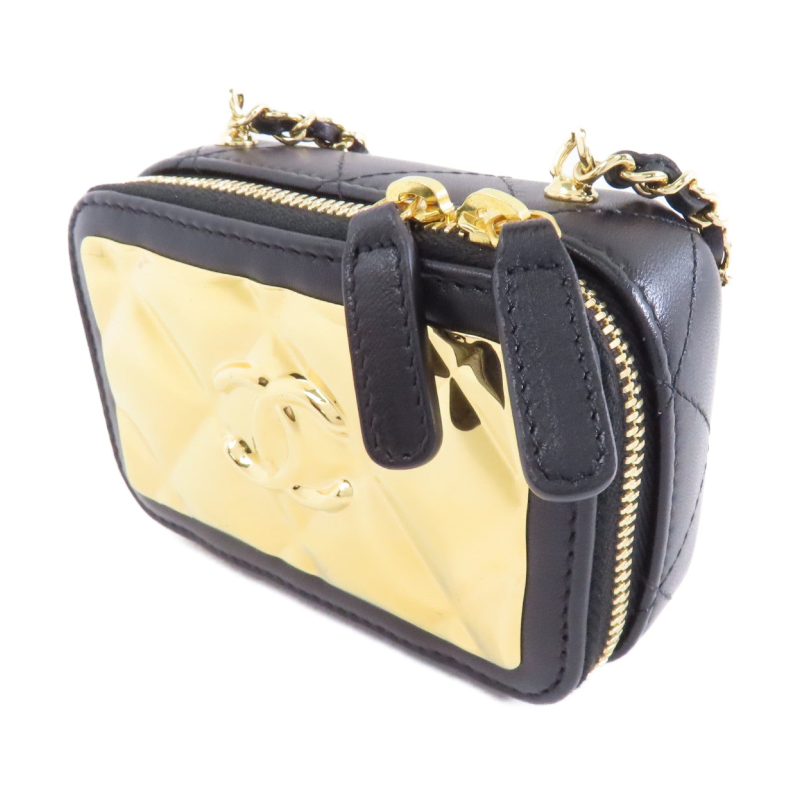 CHANEL 菱格羊皮皮革金Clutch With Chain金扣鏈帶肩背袋黑色/金色