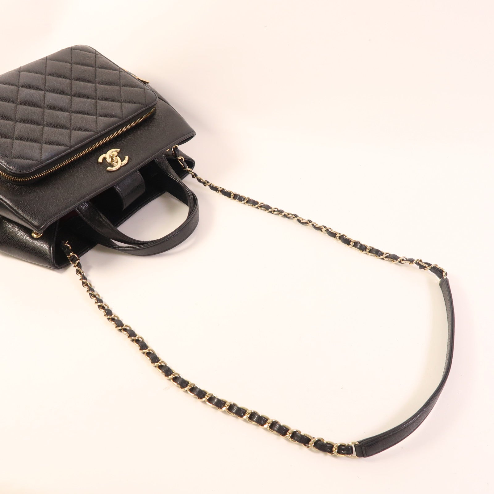 CHANEL 牛皮皮革2 Way Shoulder金扣鏈帶手挽肩背兩用袋