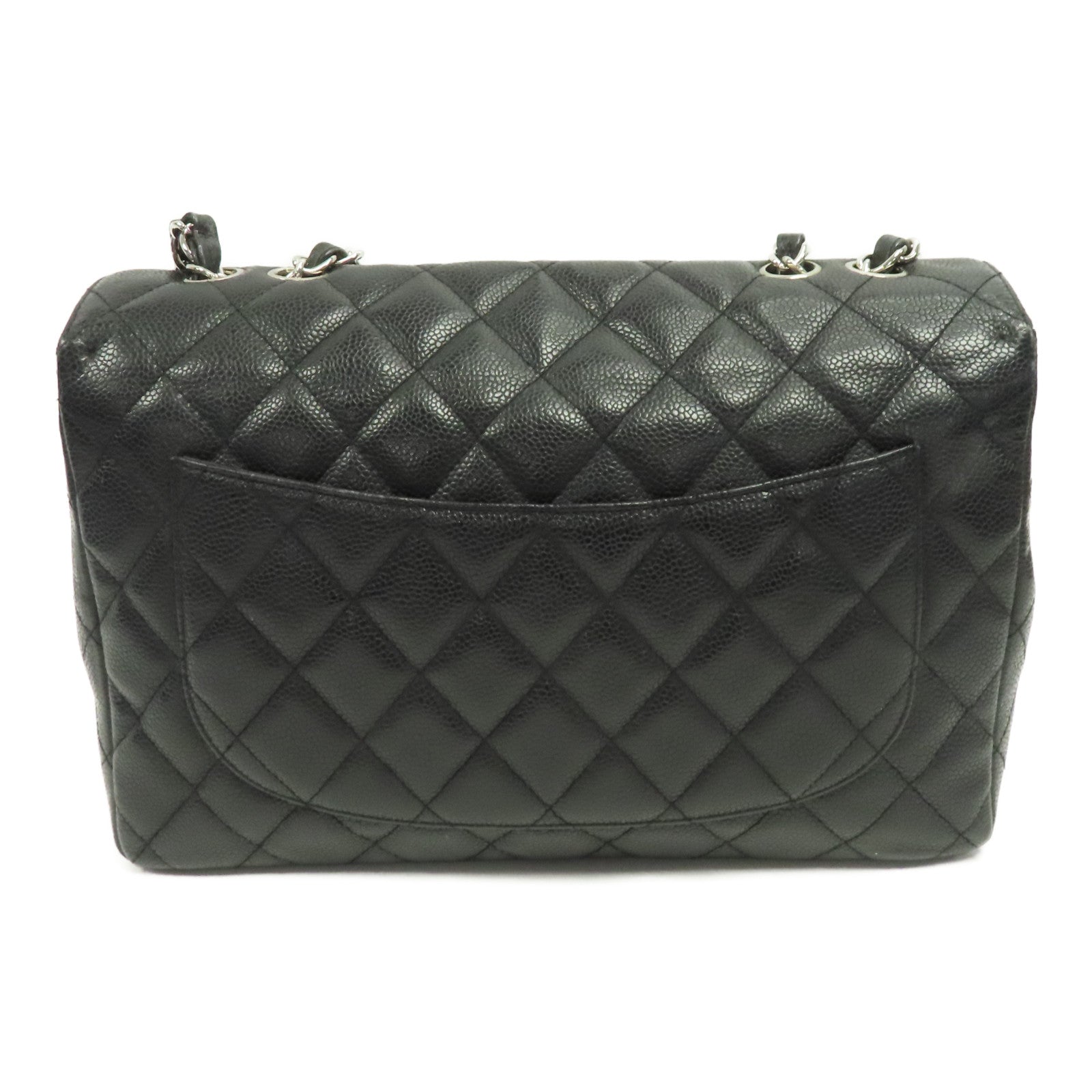 CHANEL Caviar皮革Classic Jumbo銀扣鏈帶肩背袋黑色