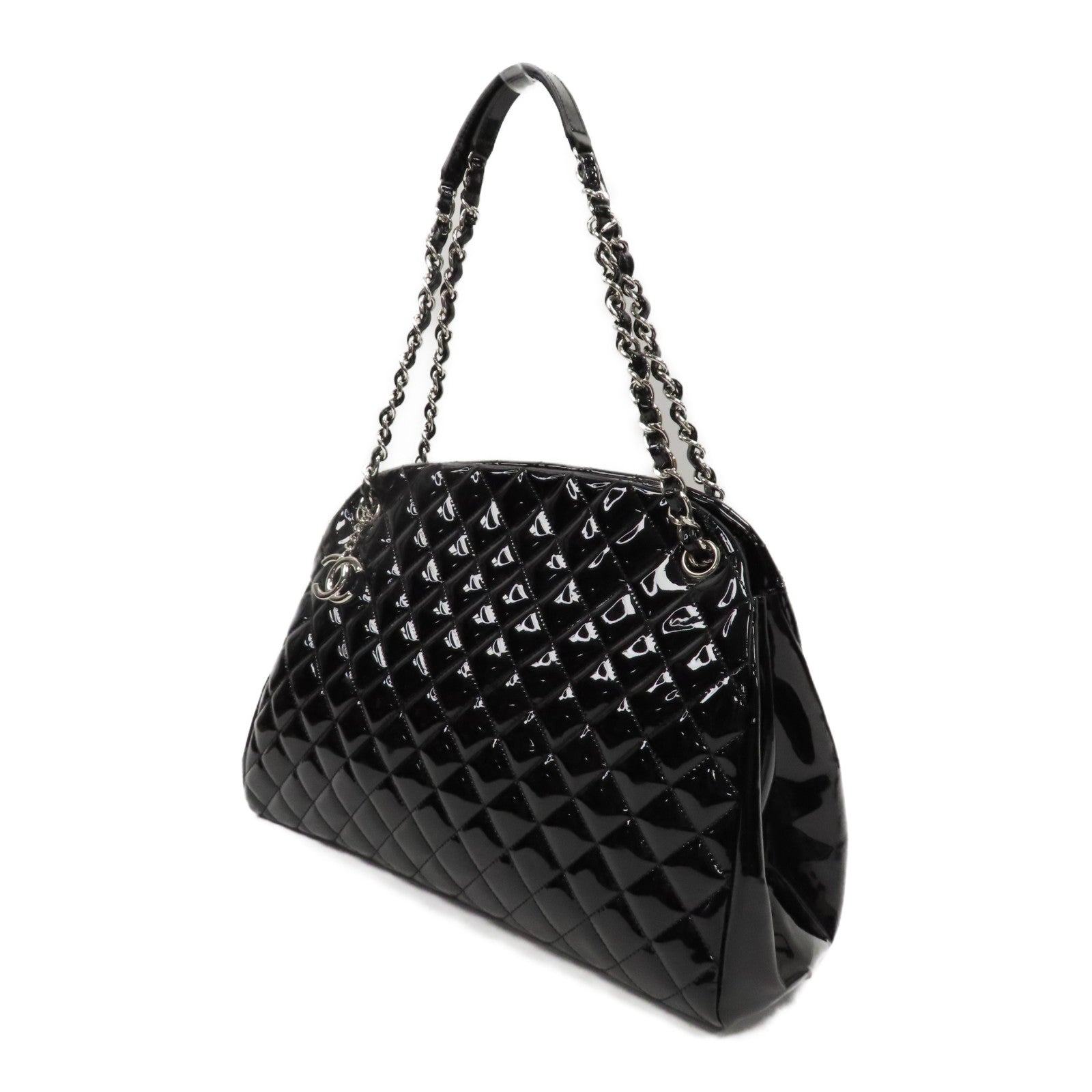 CHANEL 菱格漆皮皮革Chain Tote Bag銀扣鏈帶手挽袋黑色