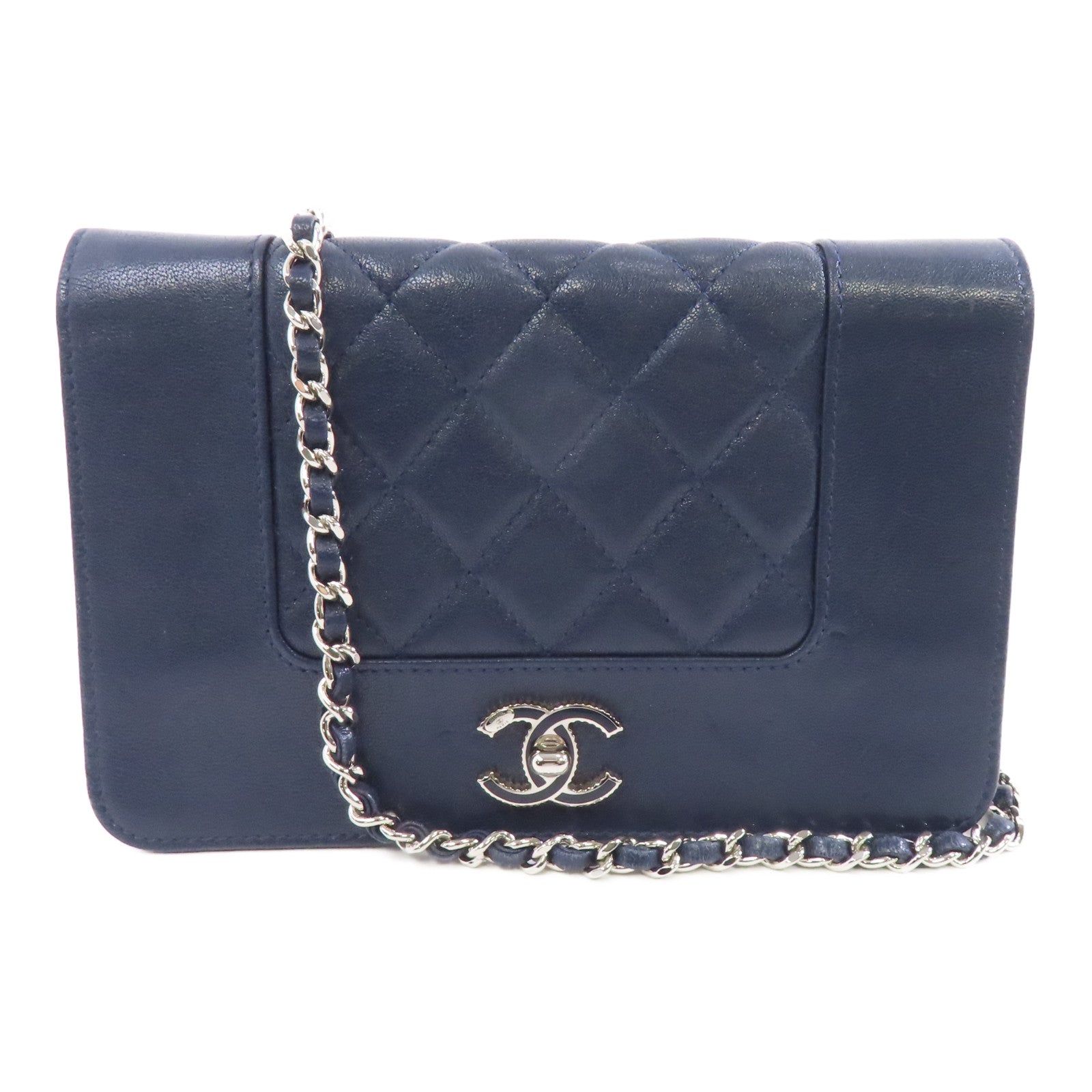 CHANEL 【激減優惠】菱格牛皮皮革Wallet On Chain Shoulder Bag銀扣鏈帶肩背袋深藍色