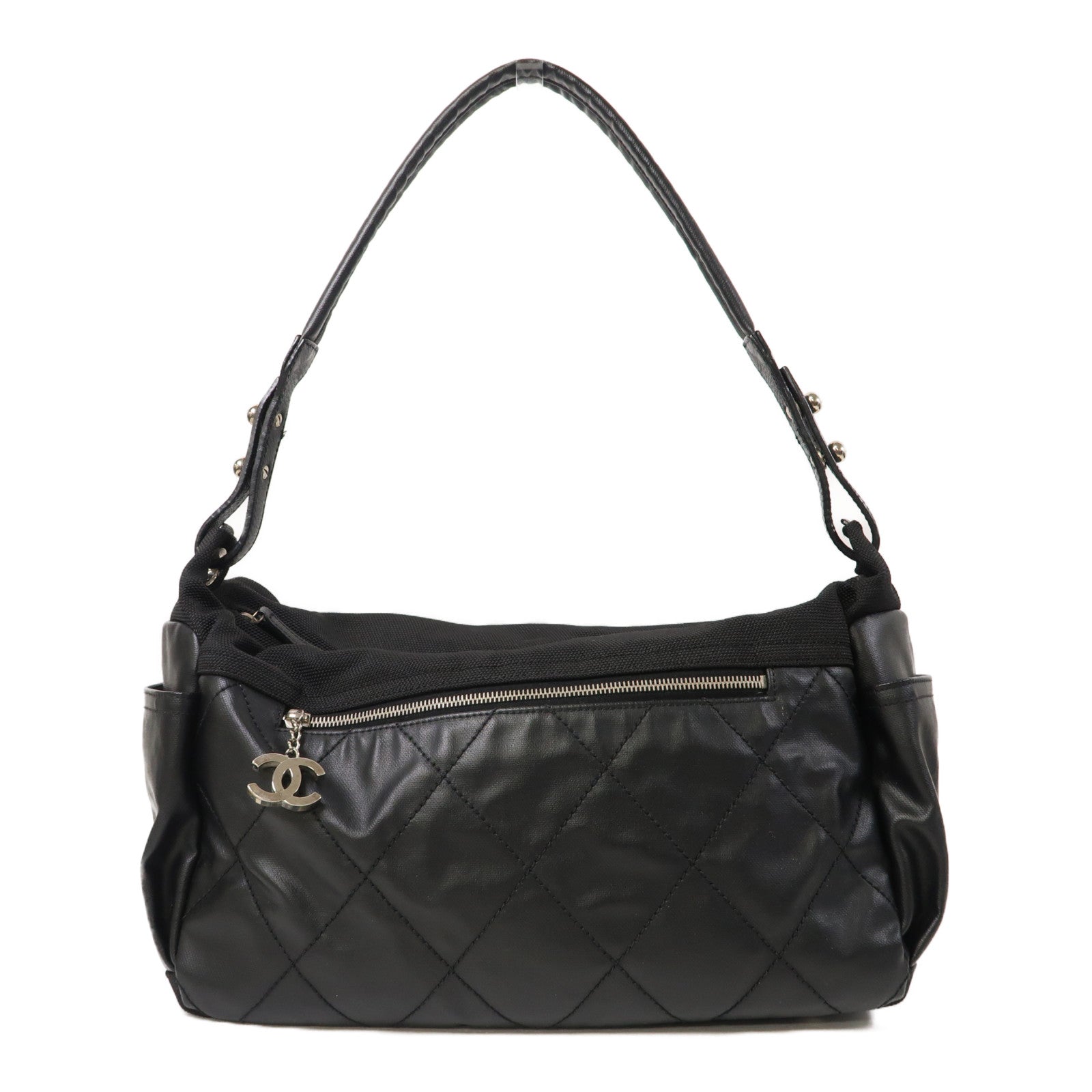 CHANEL 【激減優惠】菱格塗層帆布Shoulder Bag銀扣肩背袋黑色