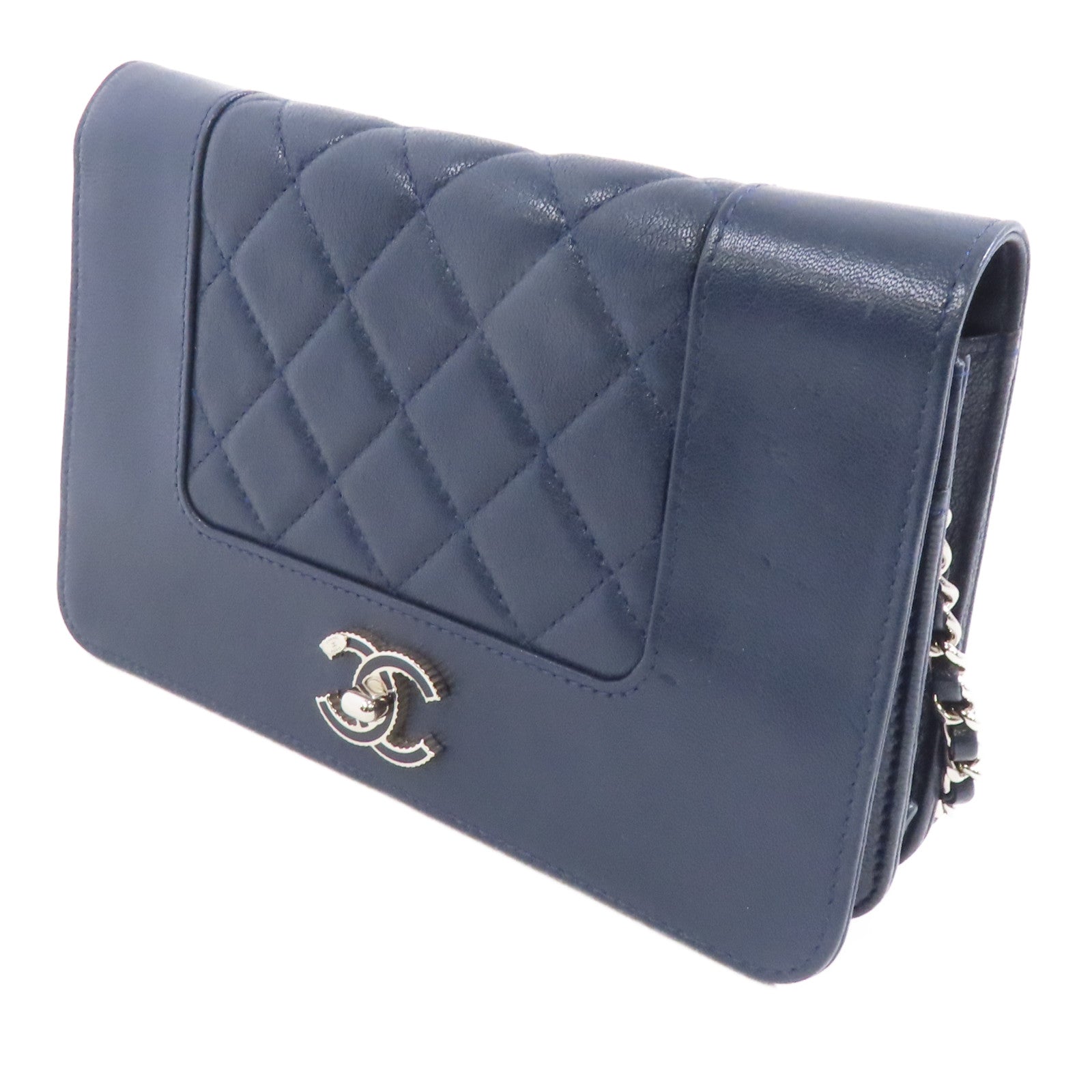 CHANEL 【激減優惠】菱格牛皮皮革Wallet On Chain Shoulder Bag銀扣鏈帶肩背袋深藍色