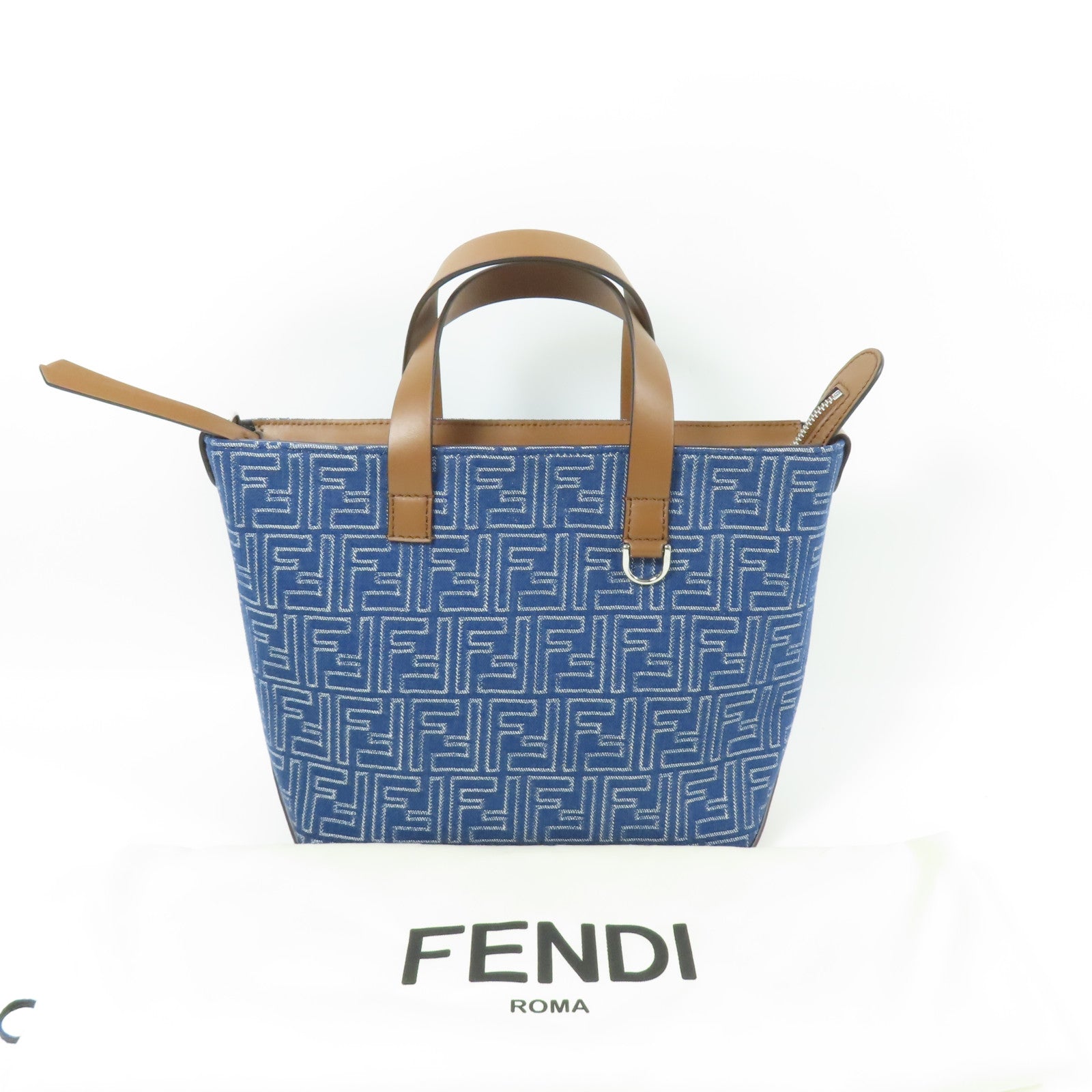 FENDI 【激減優惠】牛仔布/皮革FF Shopping Bag Small銀扣手挽袋