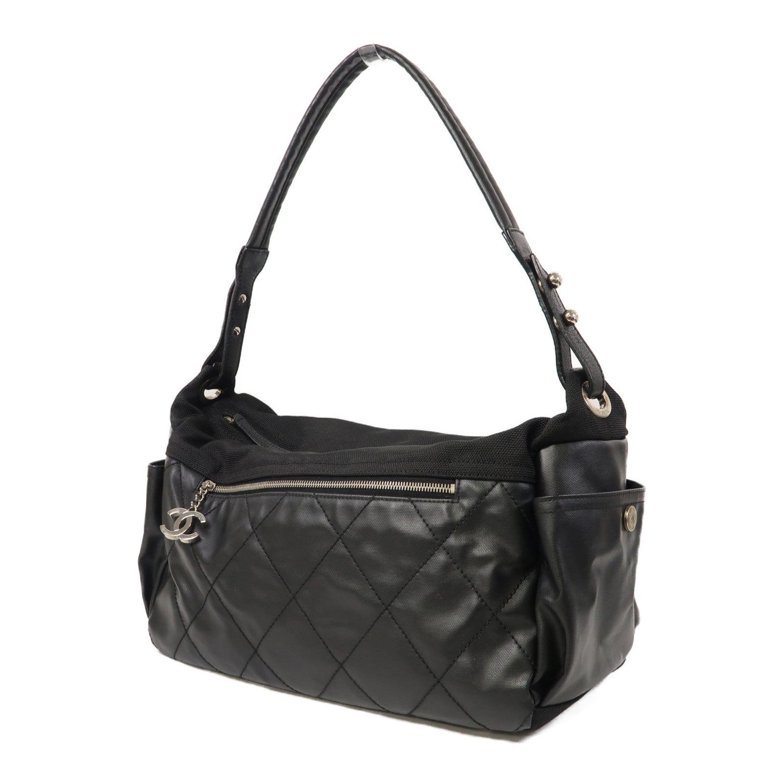 CHANEL 【激減優惠】菱格塗層帆布Shoulder Bag銀扣肩背袋黑色