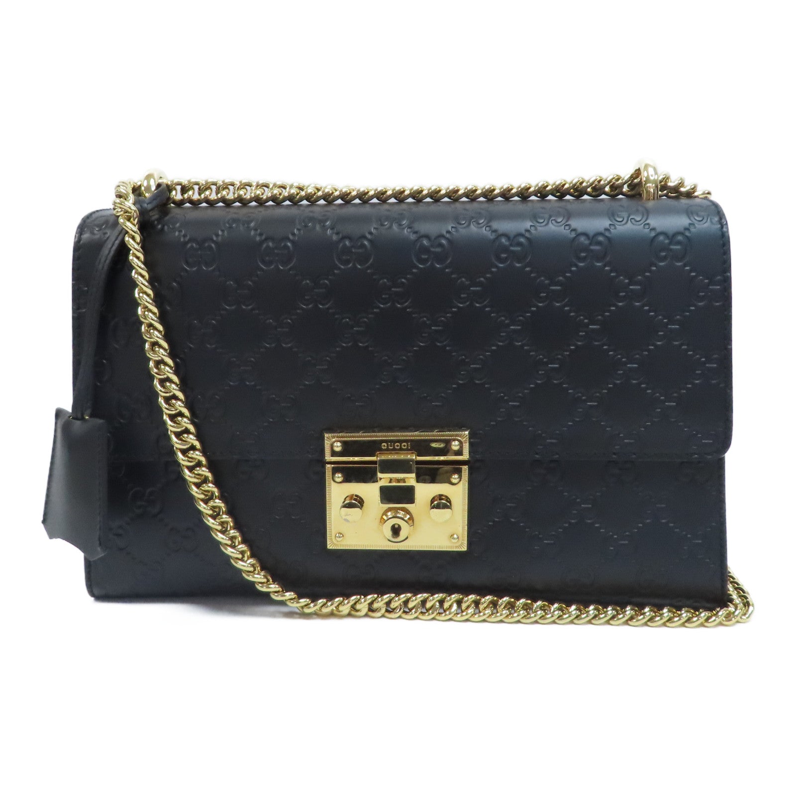 GUCCI 牛皮皮革Shoulder Bag金扣鏈帶肩背袋黑色
