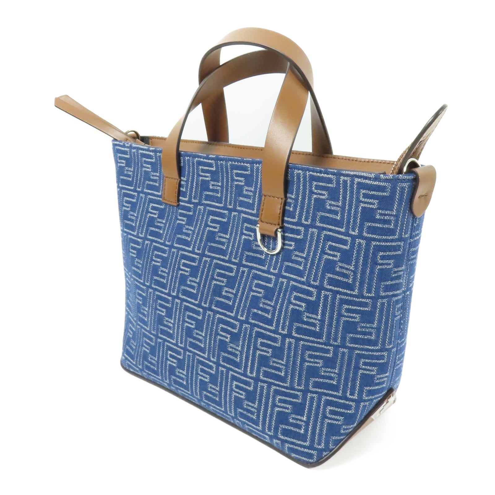 FENDI 【激減優惠】牛仔布/皮革FF Shopping Bag Small銀扣手挽袋