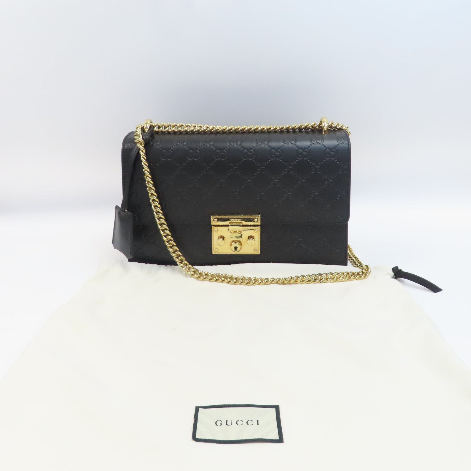 GUCCI 牛皮皮革Shoulder Bag金扣鏈帶肩背袋黑色