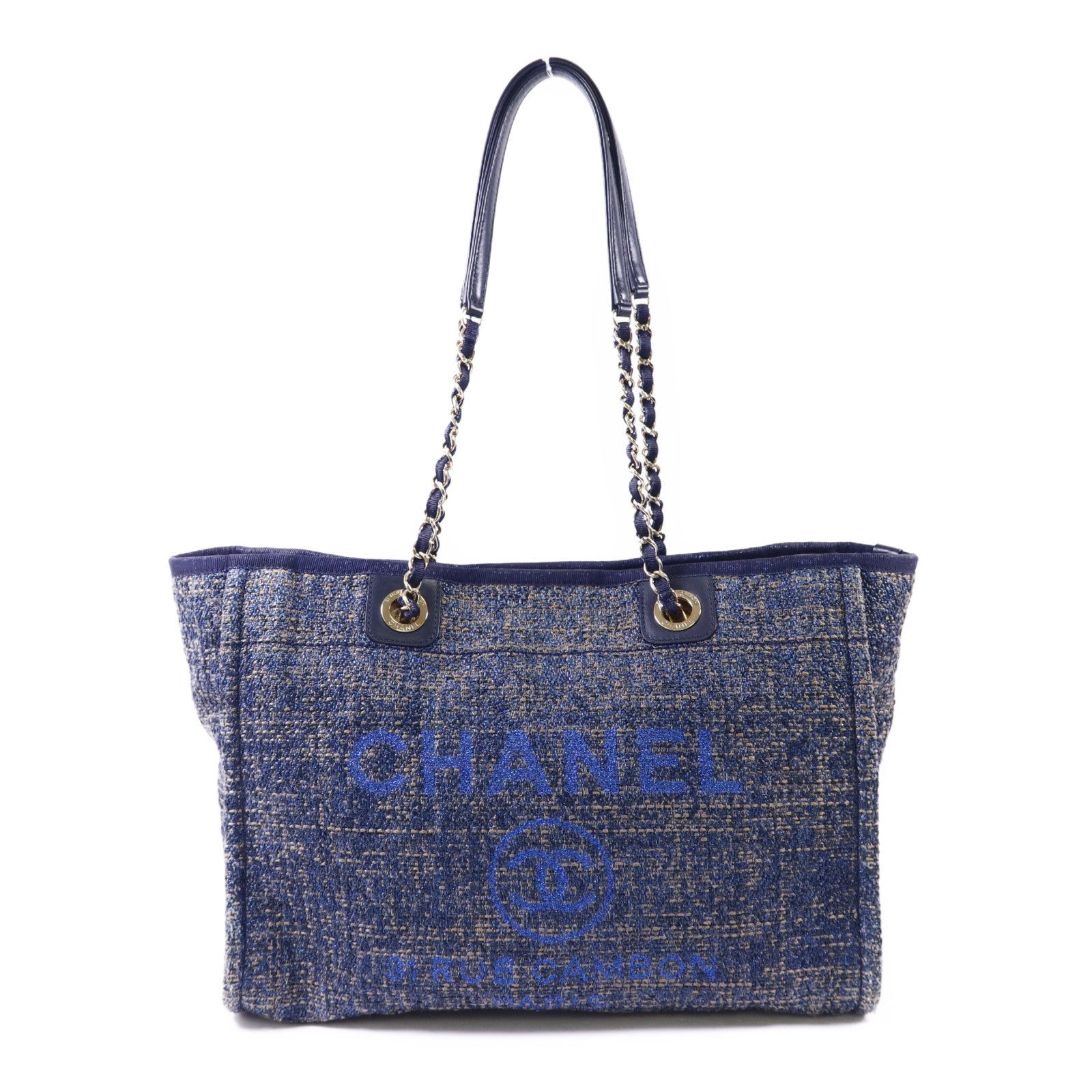CHANEL 帆布Deauville Tote Bag金扣手挽袋