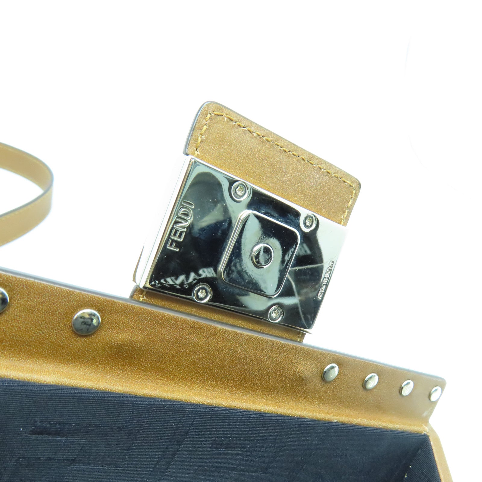 FENDI 牛皮皮革Baguette Trunk Mini Bag银扣肩背袋肩背袋啡色