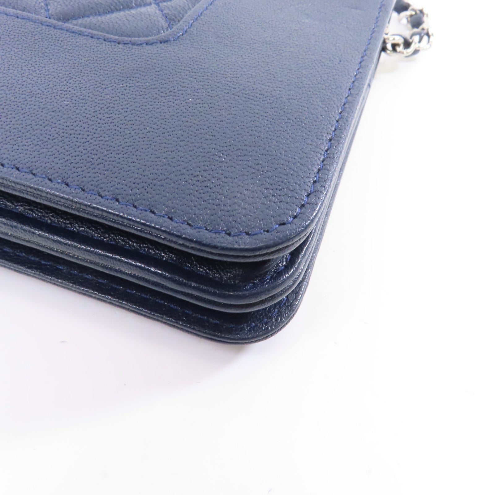 CHANEL 【激減優惠】菱格牛皮皮革Wallet On Chain Shoulder Bag銀扣鏈帶肩背袋深藍色