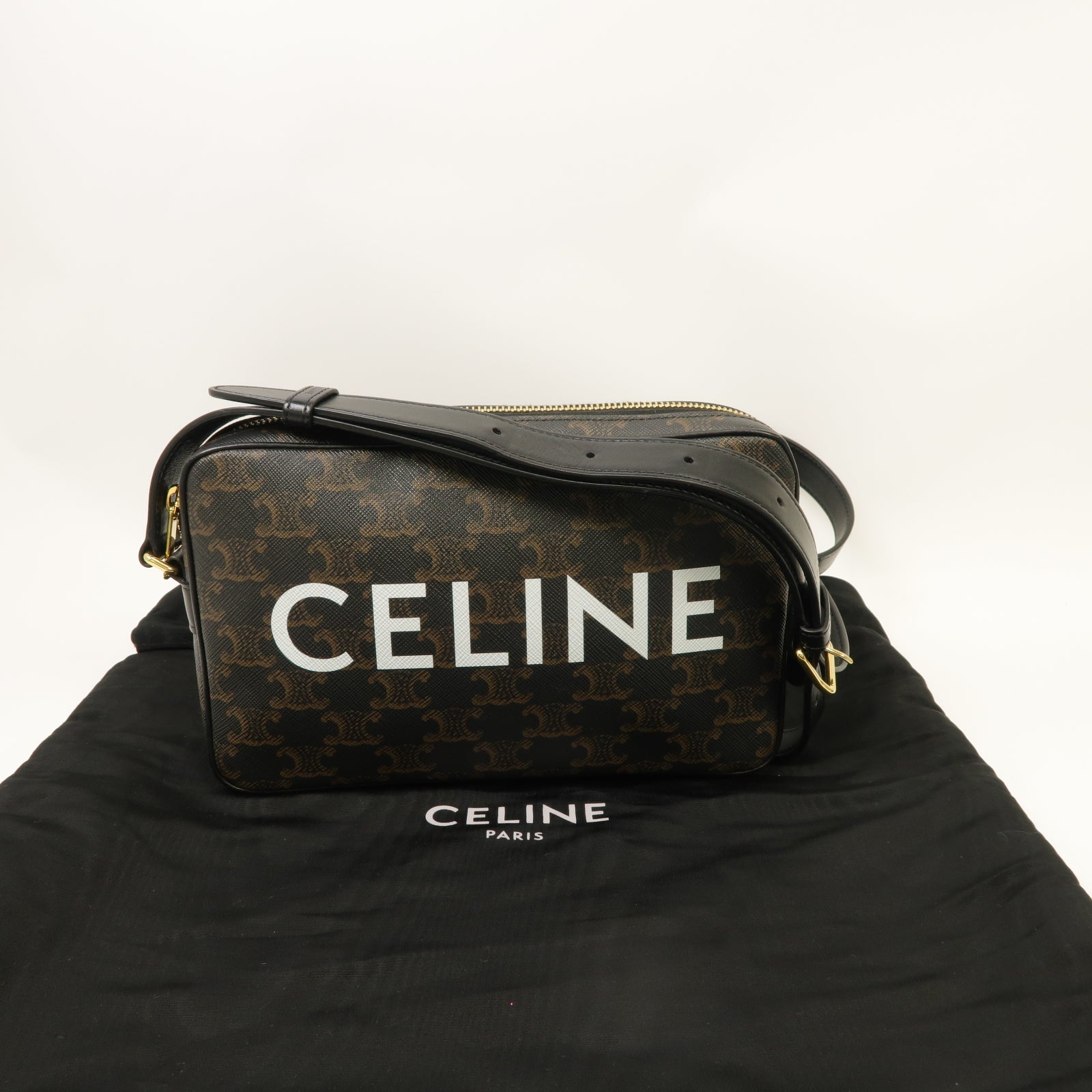 CELINE 塗層帆布Medium Messenger Bag金扣肩背袋棕色