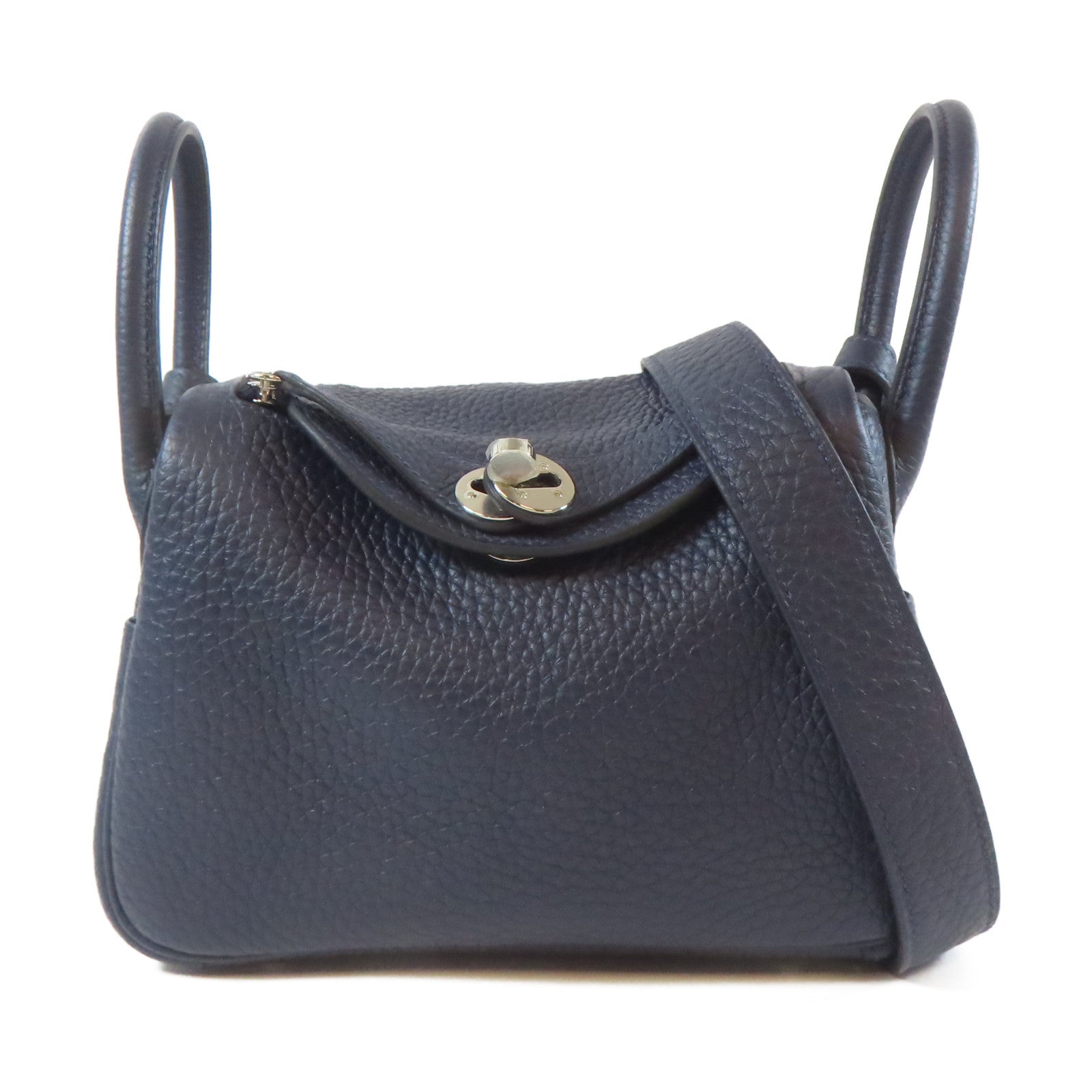 HERMES Clemence皮革Mini Lindy銀扣肩背袋深夜藍