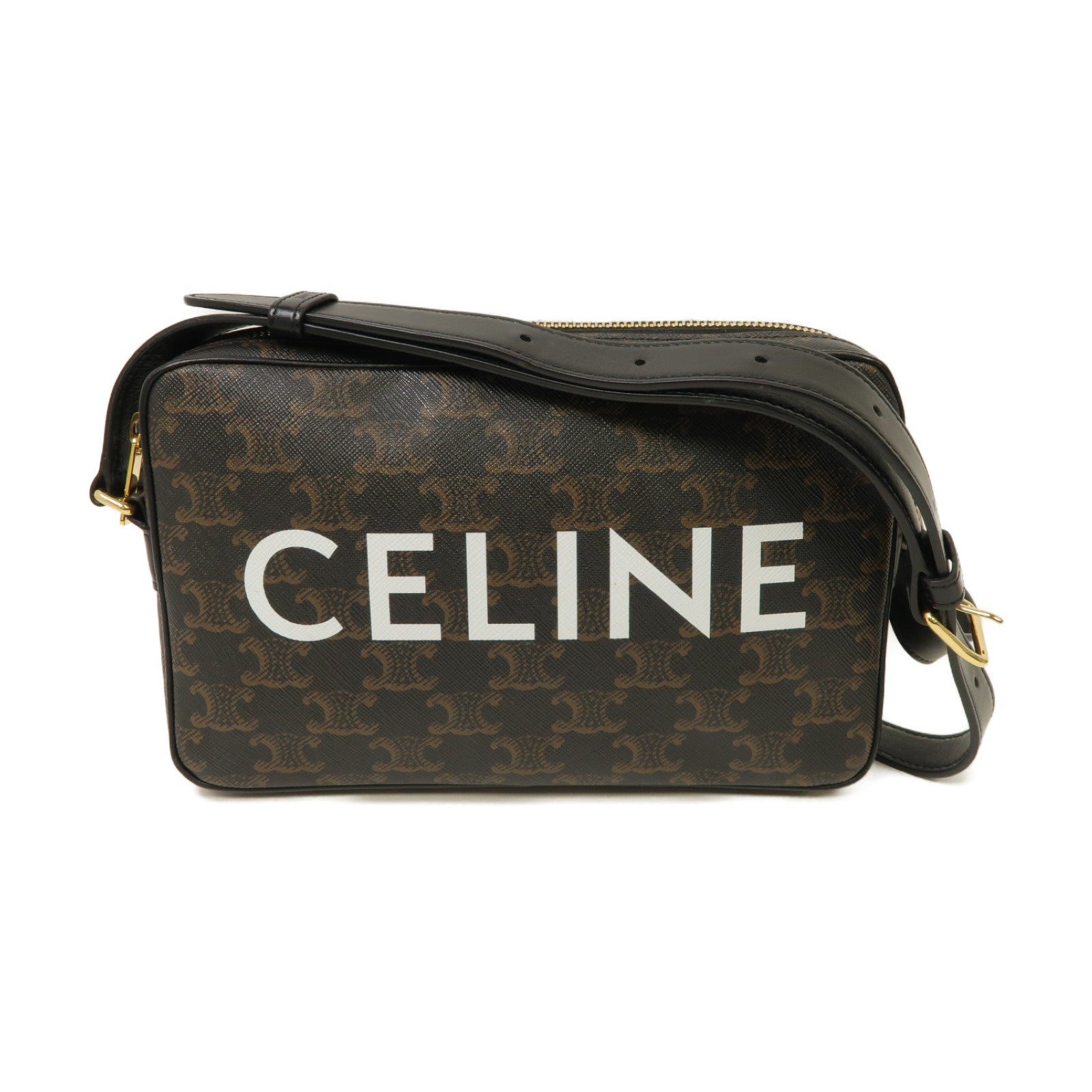 CELINE 塗層帆布Medium Messenger Bag金扣肩背袋棕色