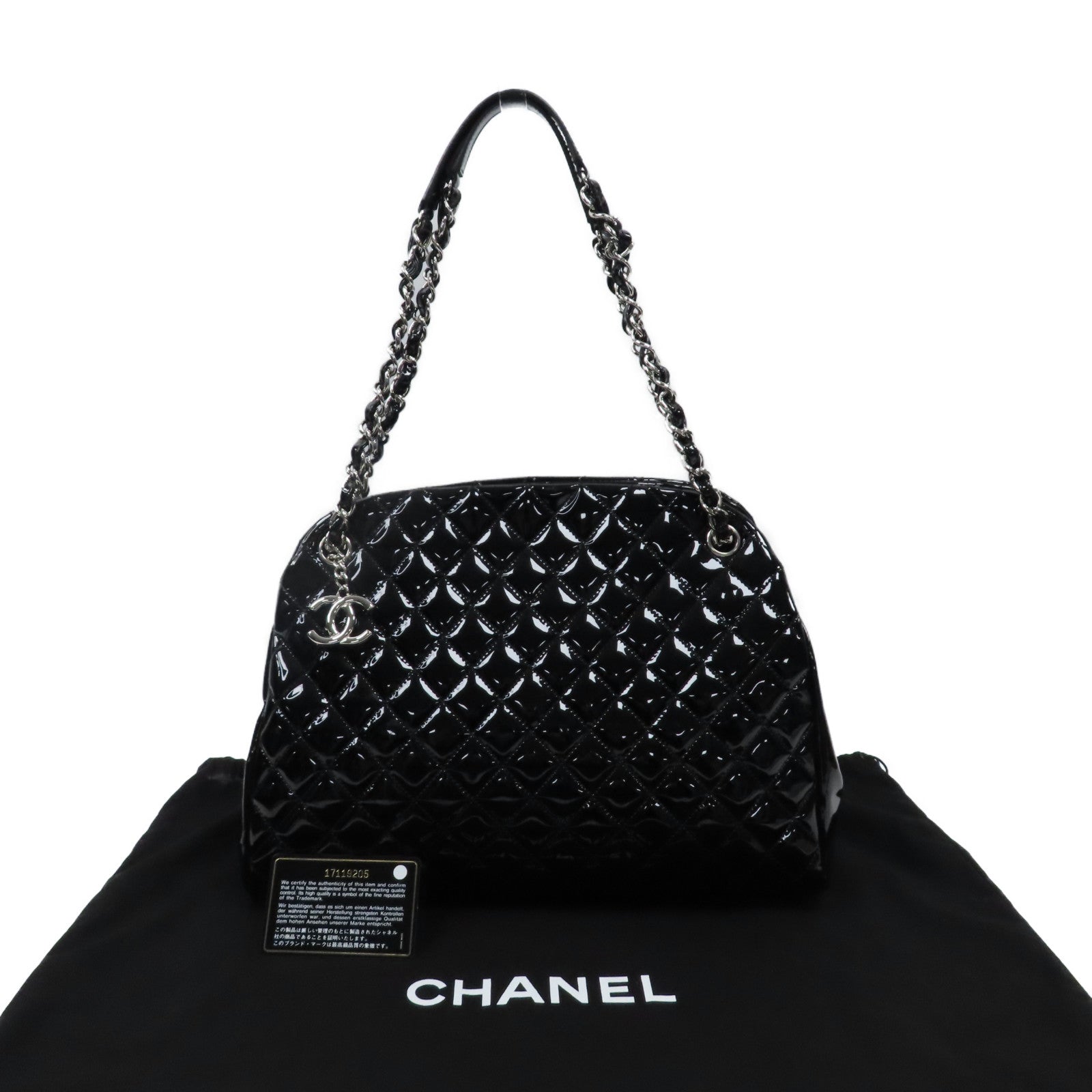 CHANEL 菱格漆皮皮革Chain Tote Bag銀扣鏈帶手挽袋黑色
