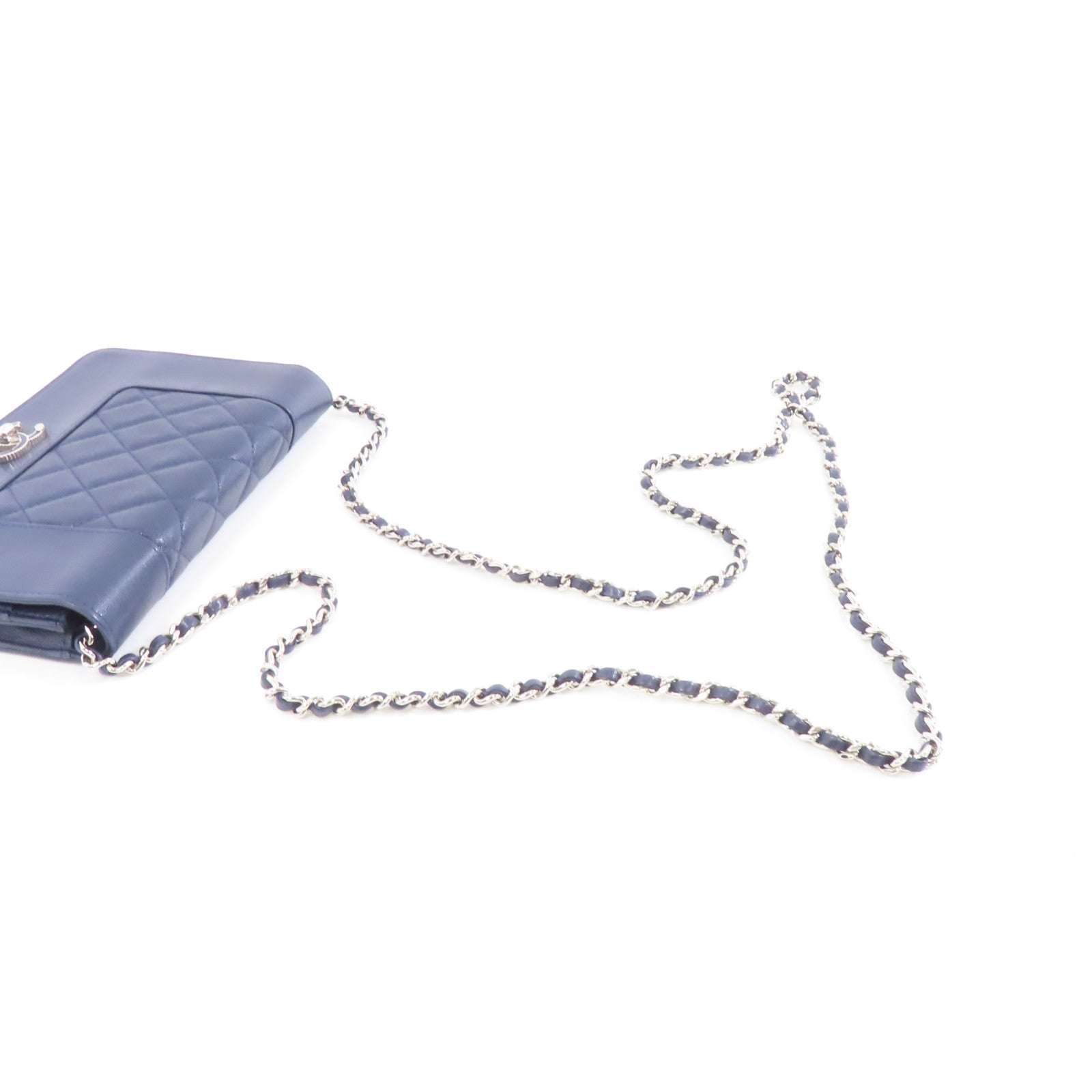 CHANEL 【激減優惠】菱格牛皮皮革Wallet On Chain Shoulder Bag銀扣鏈帶肩背袋深藍色