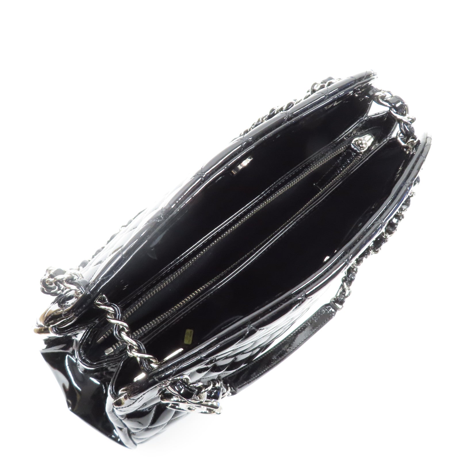 CHANEL 菱格漆皮皮革Chain Tote Bag銀扣鏈帶手挽袋黑色