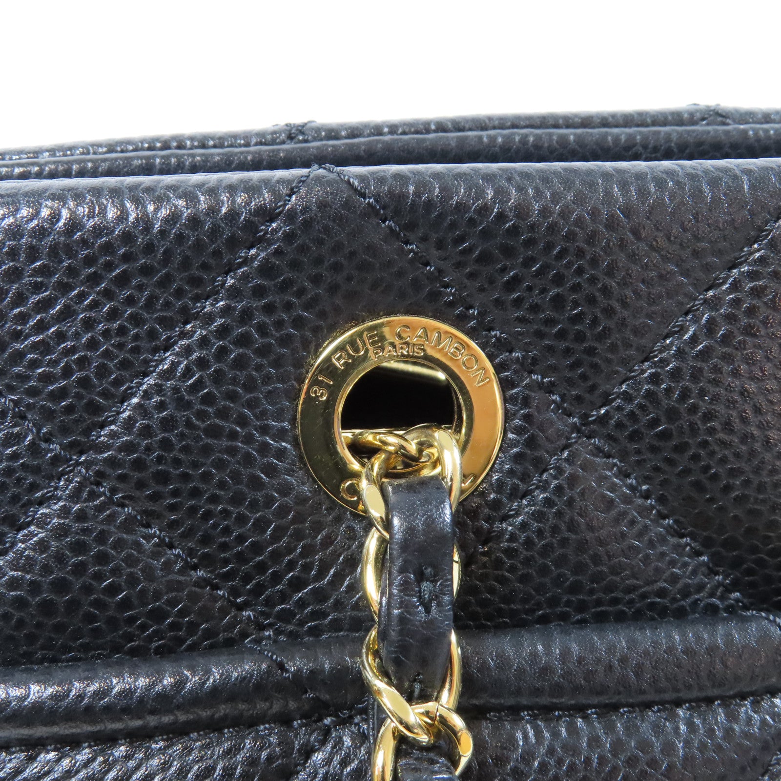CHANEL 菱格Caviar皮革Chain Tote金扣鏈帶肩背袋黑色