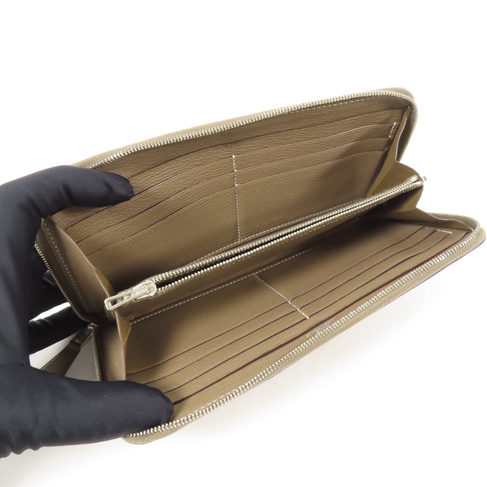 HERMES Chevre皮革Azap Wallet銀扣長錢包Etoupe