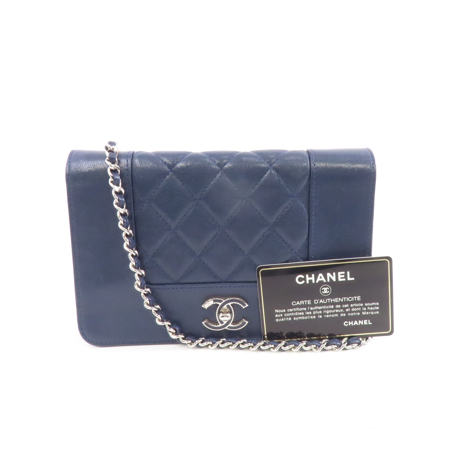 CHANEL 【激減優惠】菱格牛皮皮革Wallet On Chain Shoulder Bag銀扣鏈帶肩背袋深藍色