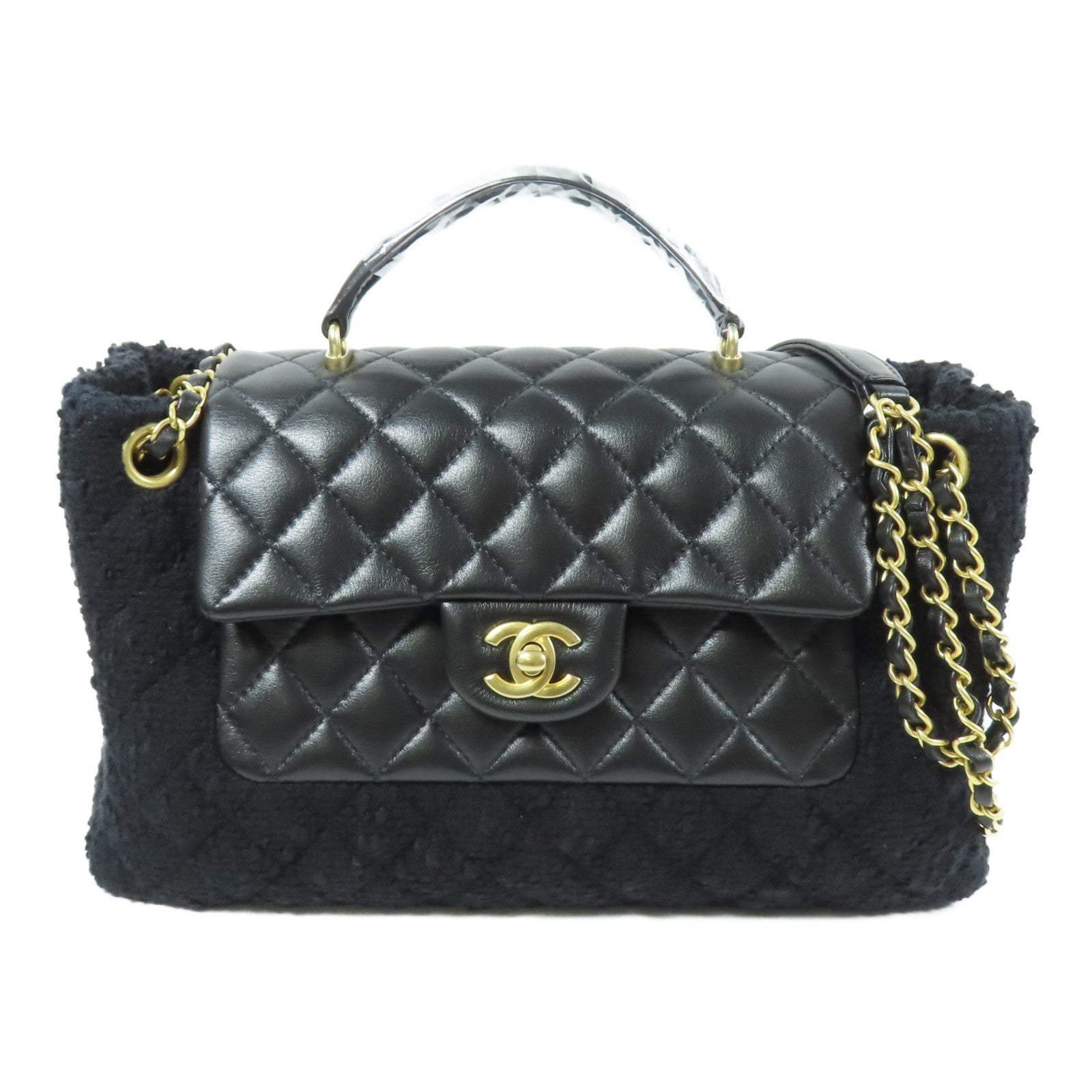 CHANEL 羊皮皮革/粗花呢2 Way Shoulder金扣手挽肩背兩用袋