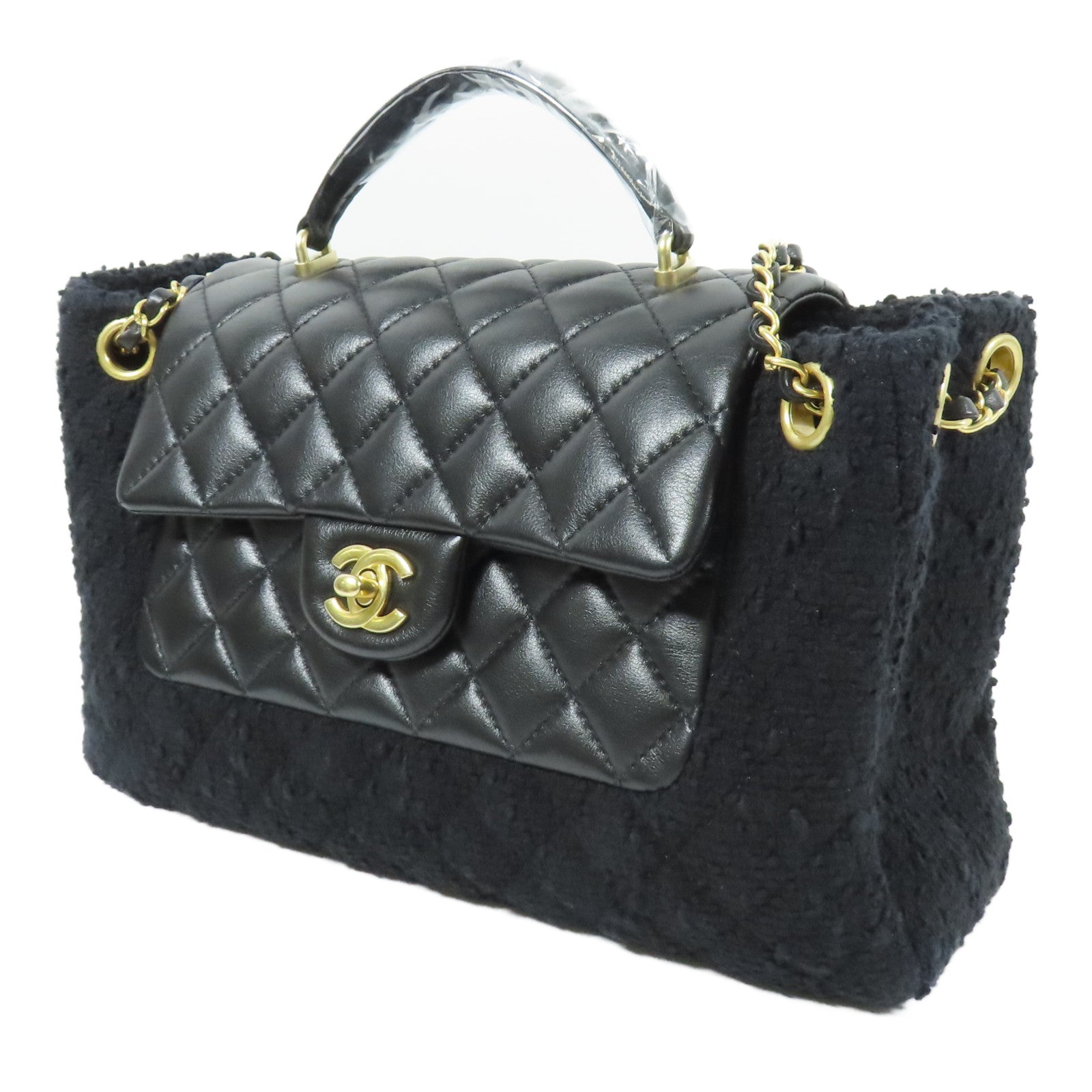 CHANEL 羊皮皮革/粗花呢2 Way Shoulder金扣手挽肩背兩用袋