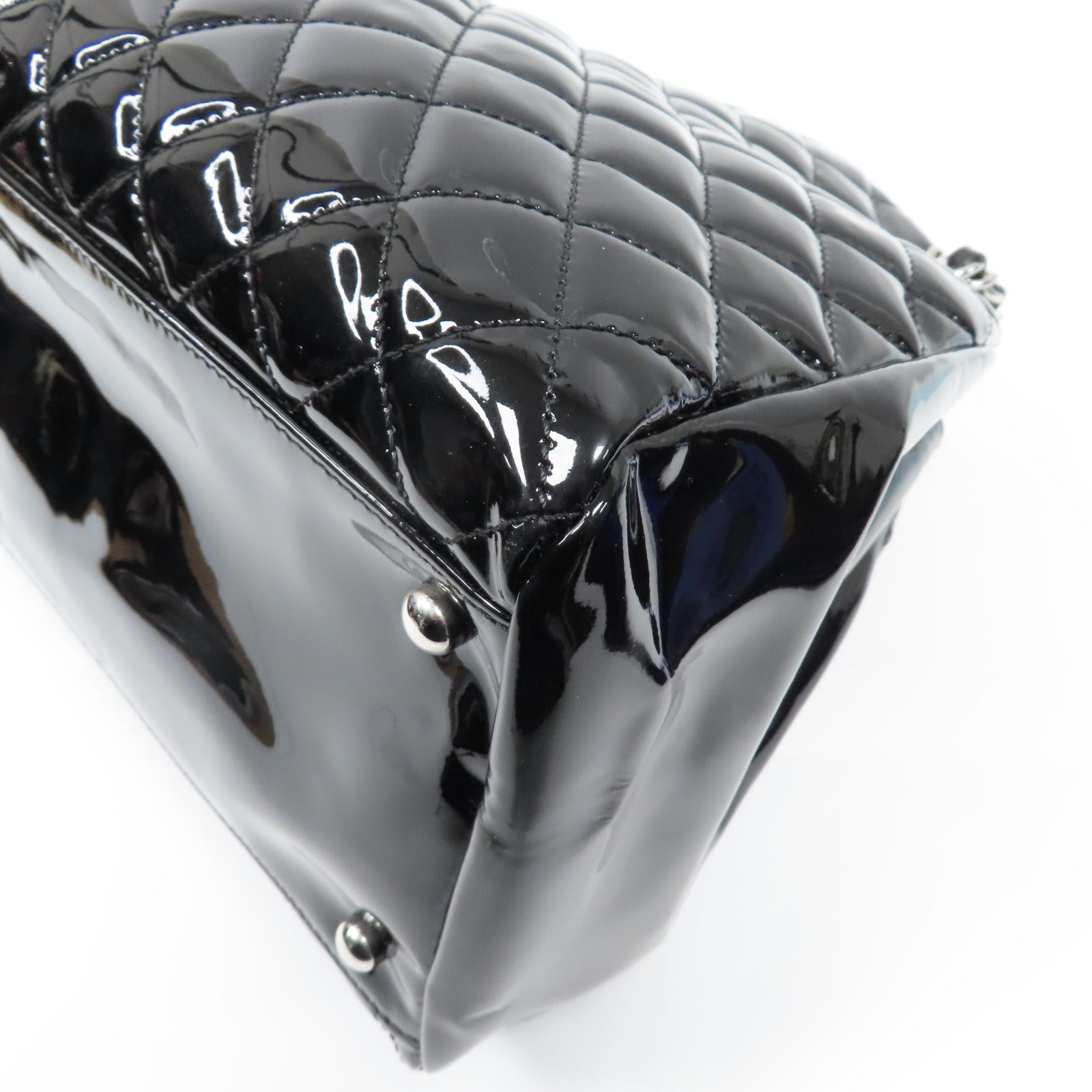 CHANEL 菱格漆皮皮革Chain Tote Bag銀扣鏈帶手挽袋黑色