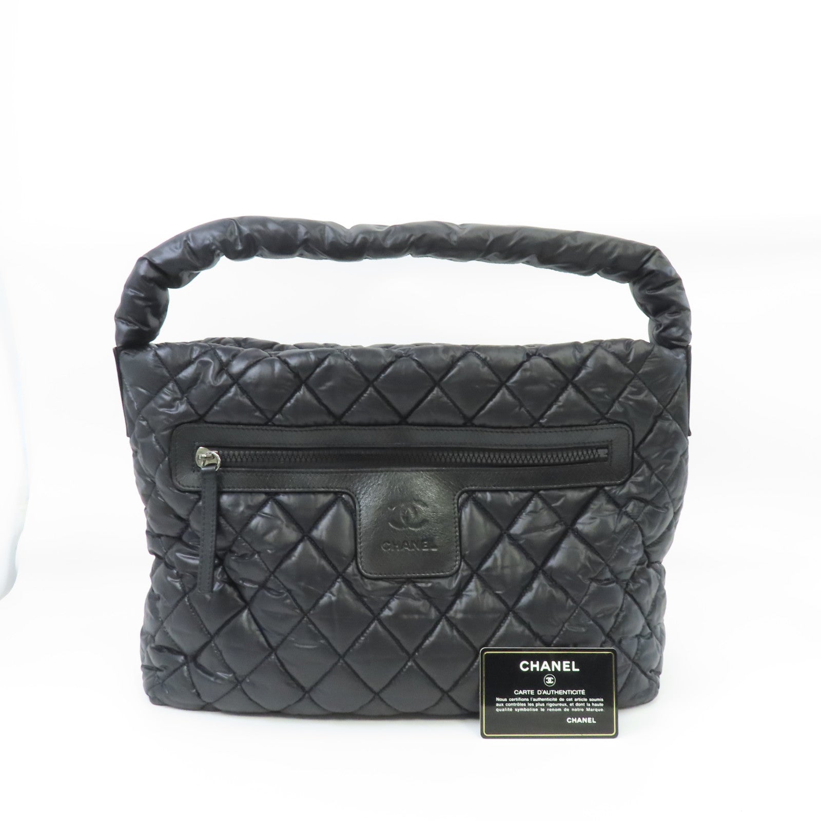 CHANEL 尼龍Coco Cocoon銀扣肩背袋黑色