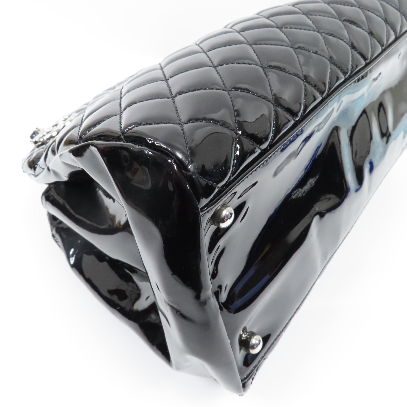 CHANEL 菱格漆皮皮革Chain Tote Bag銀扣鏈帶手挽袋黑色
