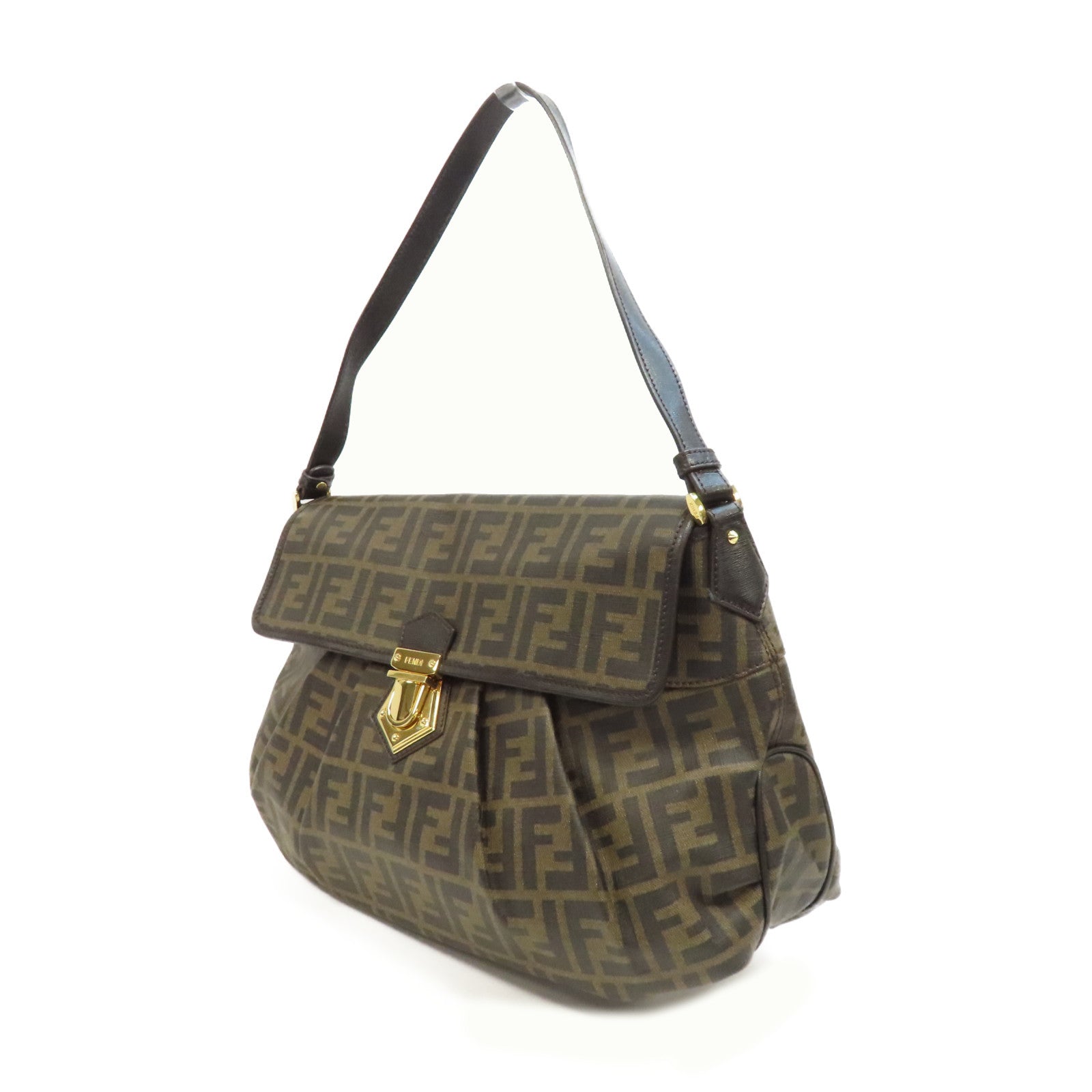 FENDI 帆布Zucca金扣肩背袋啡色