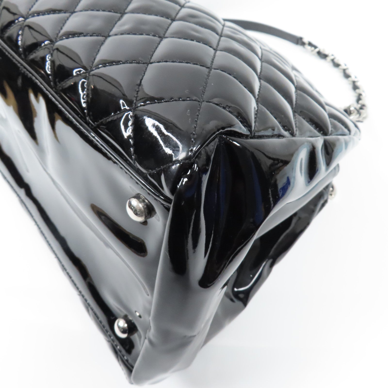 CHANEL 菱格漆皮皮革Chain Tote Bag銀扣鏈帶手挽袋黑色