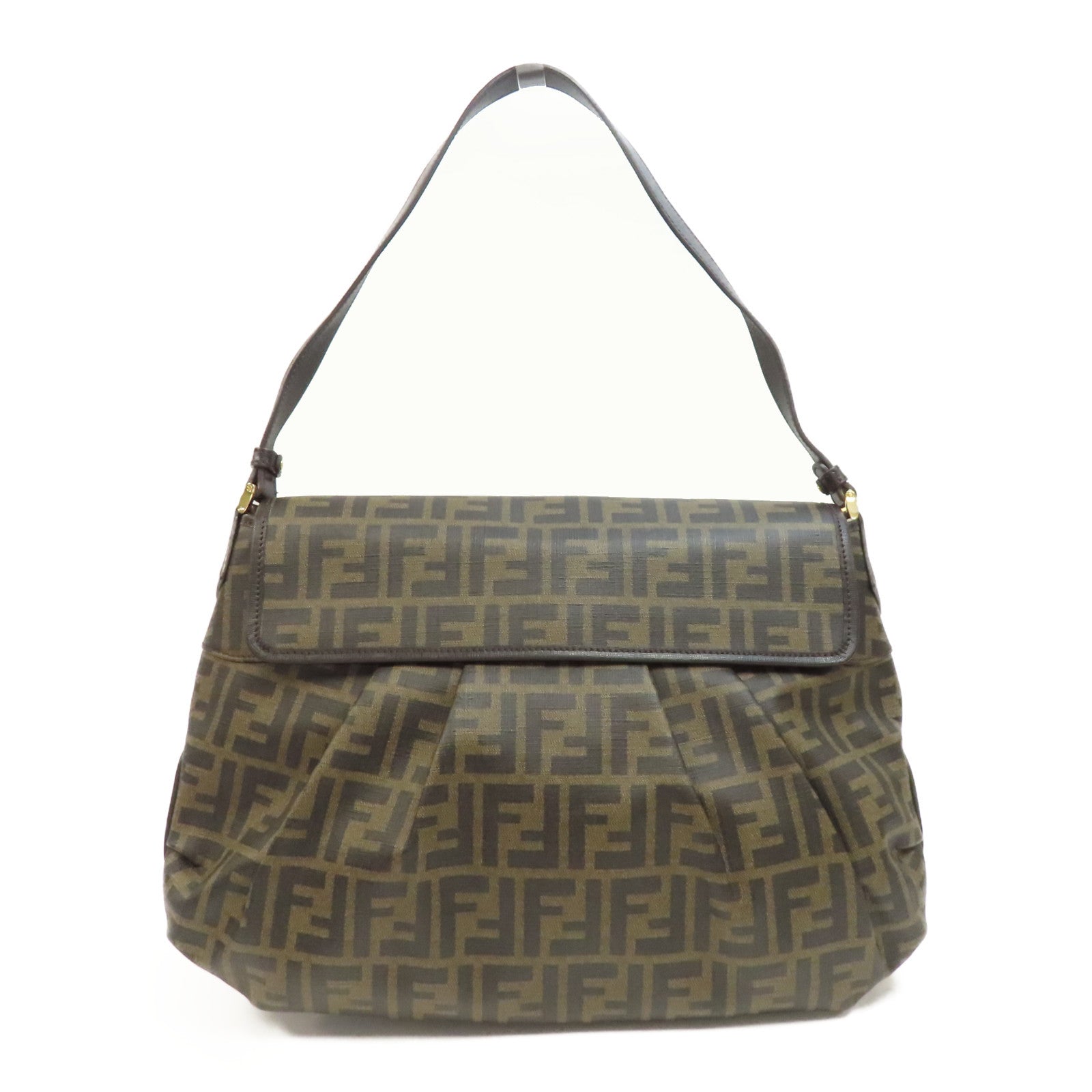 FENDI 帆布Zucca金扣肩背袋啡色