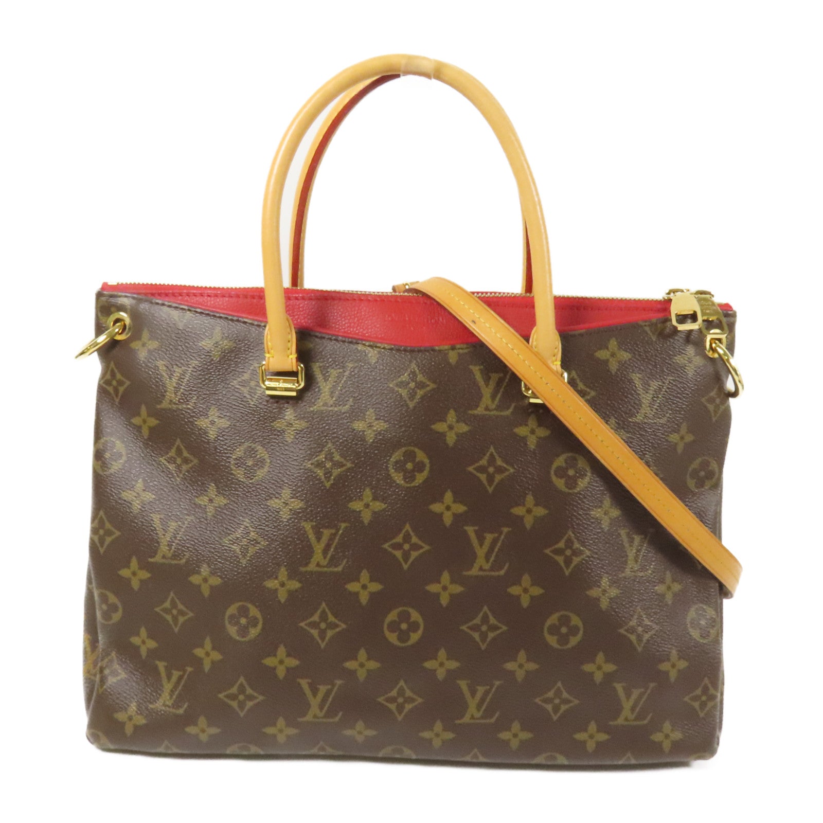 LOUIS VUITTON Monogram Pallas金扣手挽肩背兩用袋棕色/紅色