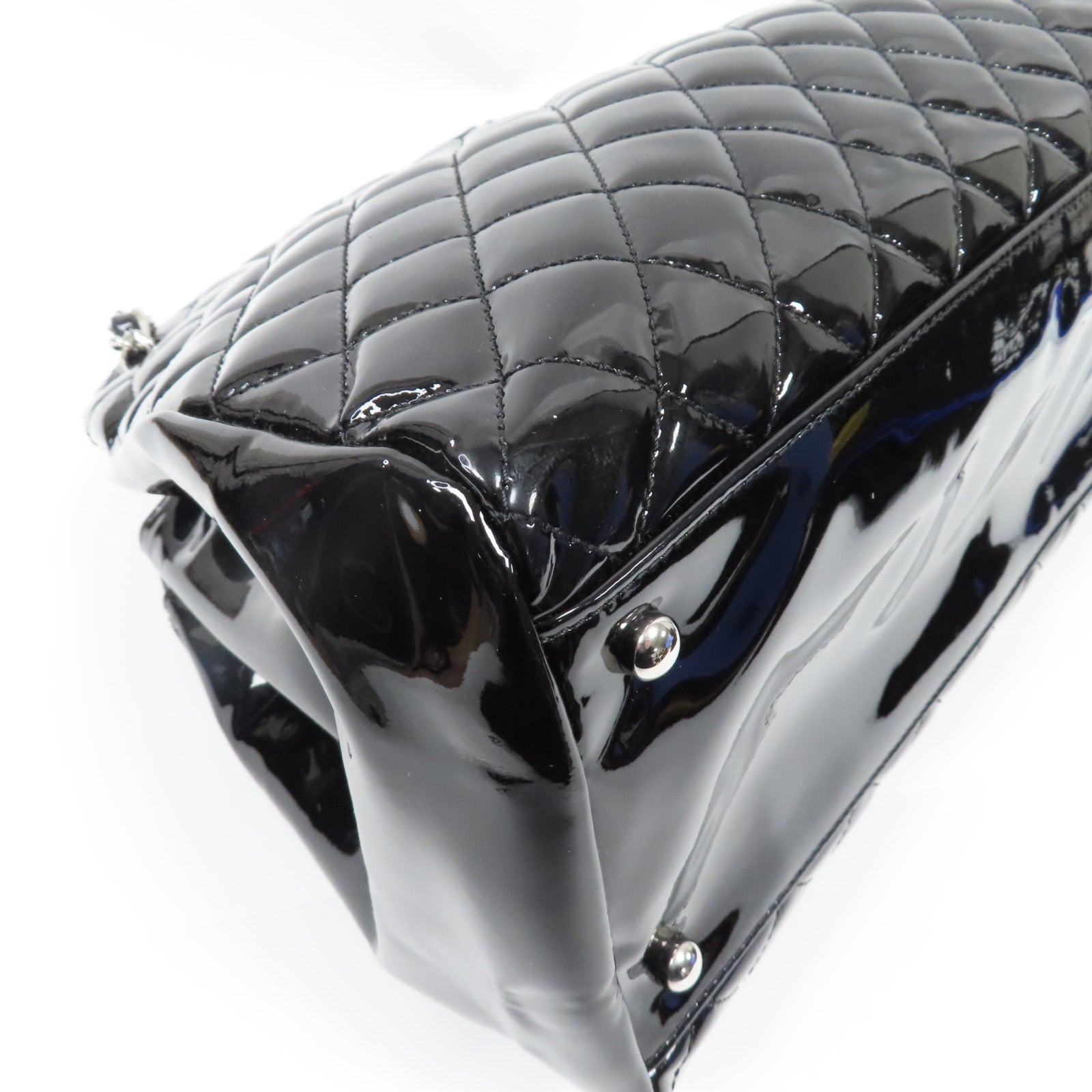 CHANEL 菱格漆皮皮革Chain Tote Bag銀扣鏈帶手挽袋黑色