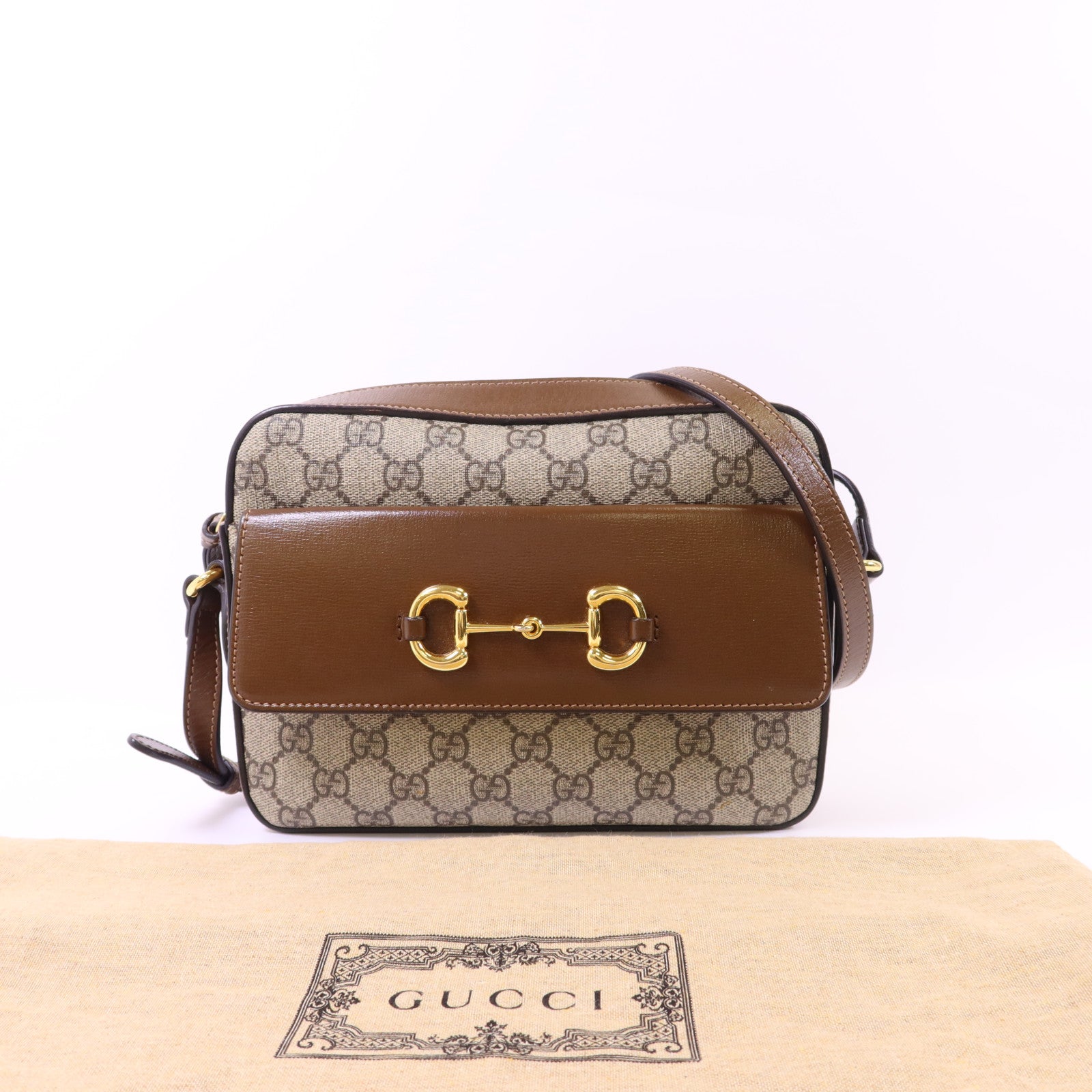 GUCCI 塗層帆布Horsebit 1955 Shoulder Bag金扣肩背袋