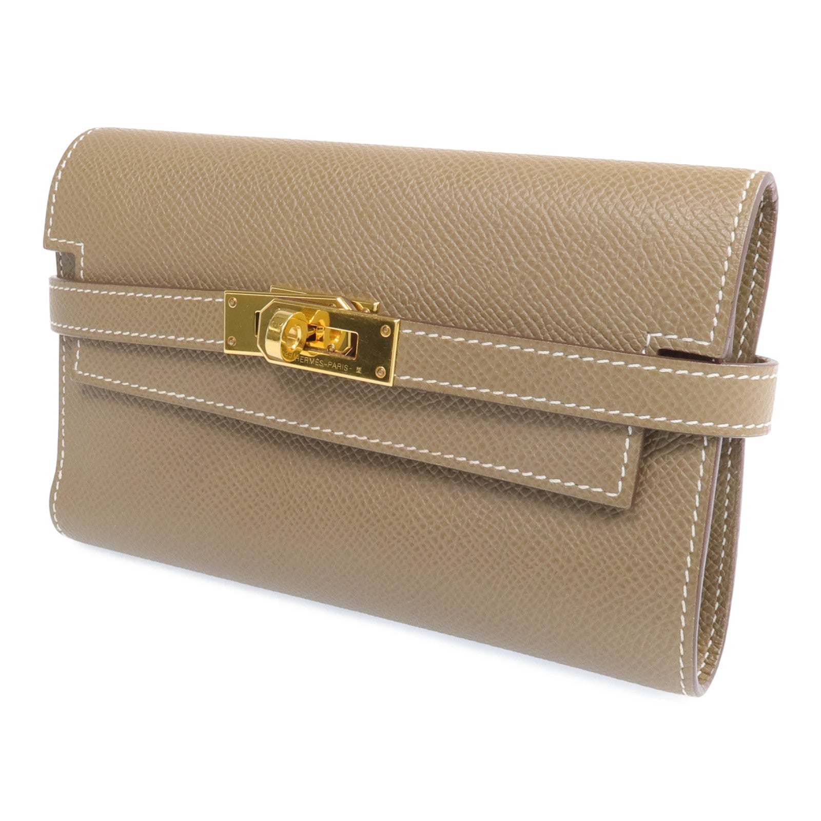 HERMES 【激減優惠】Epsom皮革Kelly Short Wallet金扣長錢包Etoupe
