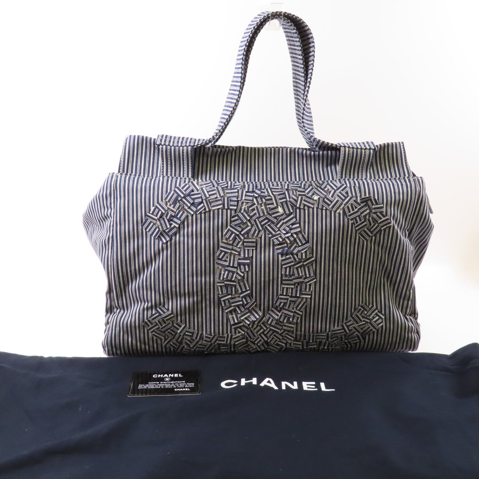 CHANEL 帆布CC Striped Tote Bag銀扣手挽袋
