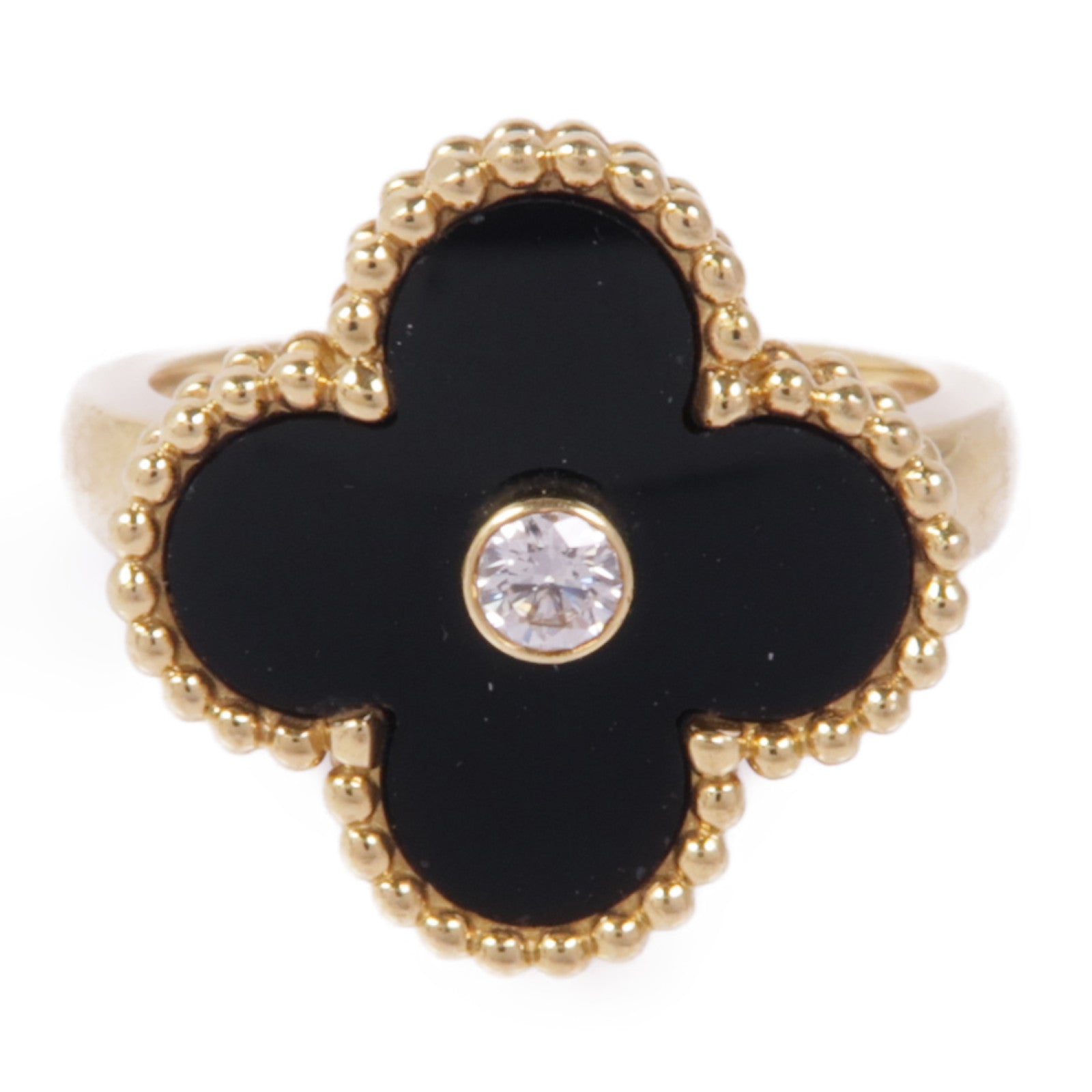 Van Cleef & Arpels 18K黃金Vintage Alhambra Ring縞瑪瑙/鑽石戒指#49/US#5