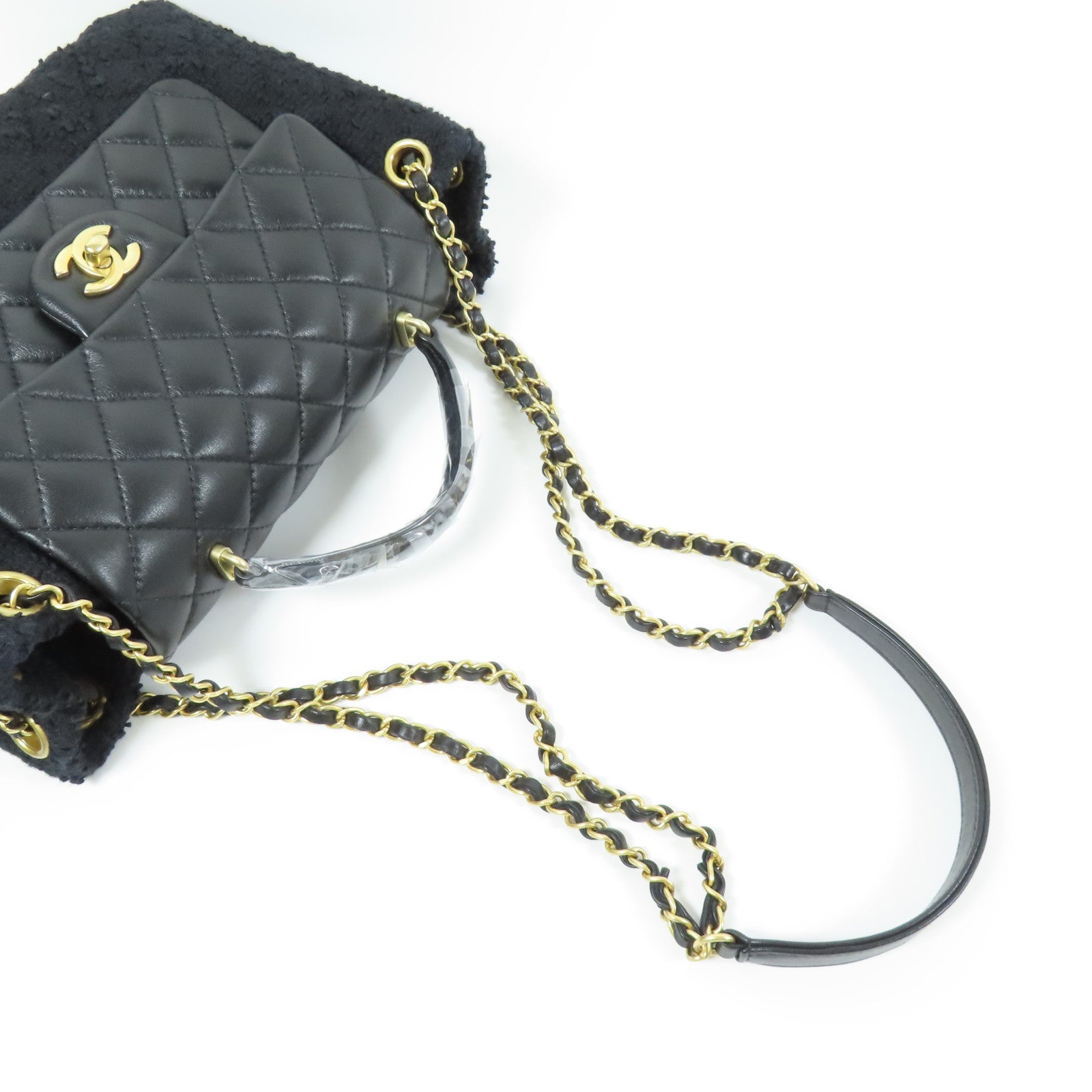 CHANEL 羊皮皮革/粗花呢2 Way Shoulder金扣手挽肩背兩用袋