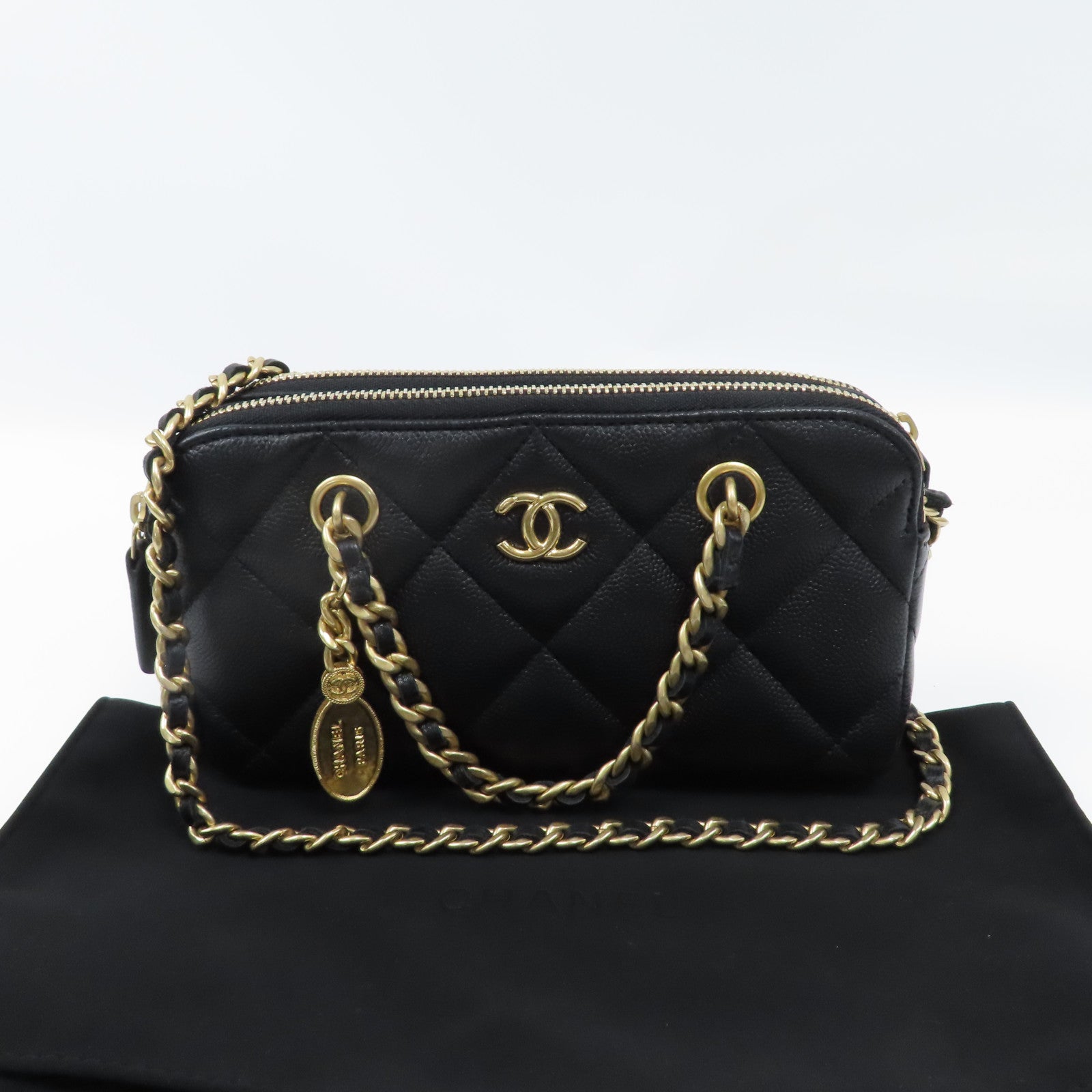 CHANEL 菱格Caviar皮革2 Way Chain Shoulder金扣鏈帶手挽肩背兩用袋黑色