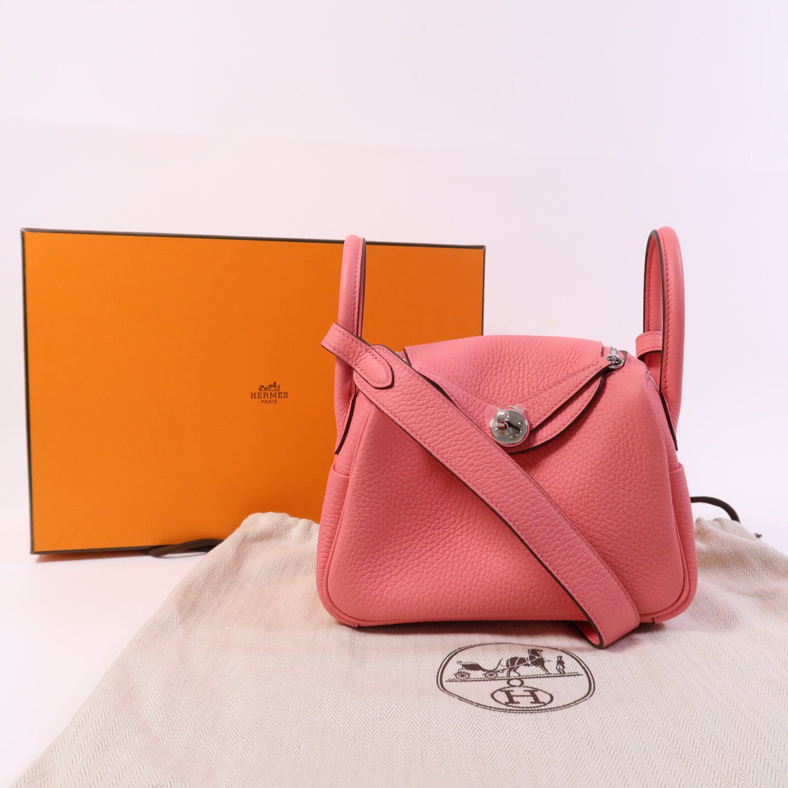 HERMES Clemence皮革Mini Lindy金扣手挽肩背兩用袋Rose Azalee