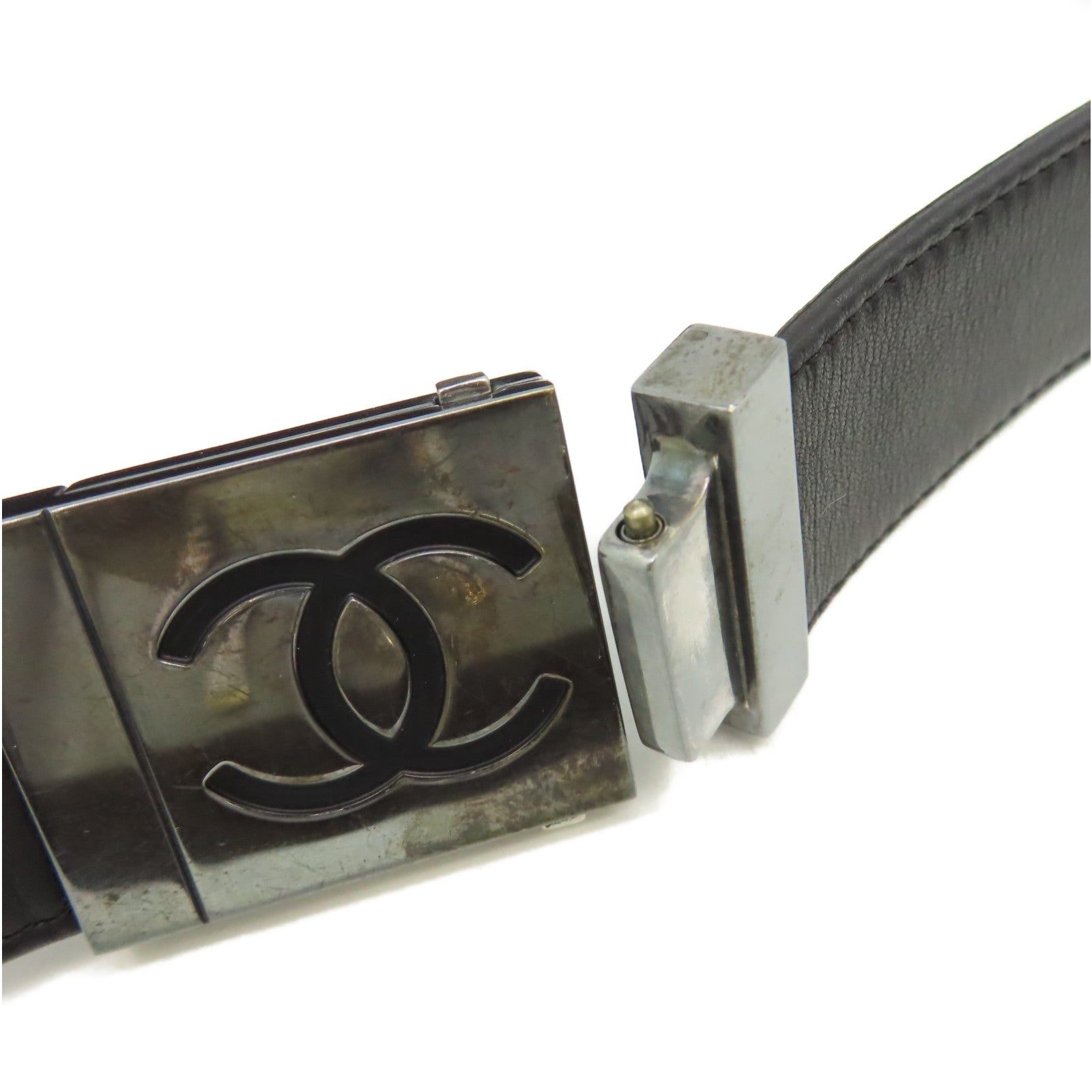 CHANEL 【激減優惠】金屬/牛皮皮革Belt銀扣皮帶黑色