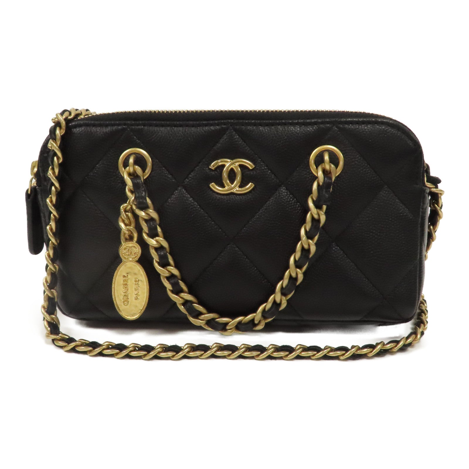CHANEL 菱格Caviar皮革2 Way Chain Shoulder金扣鏈帶手挽肩背兩用袋黑色