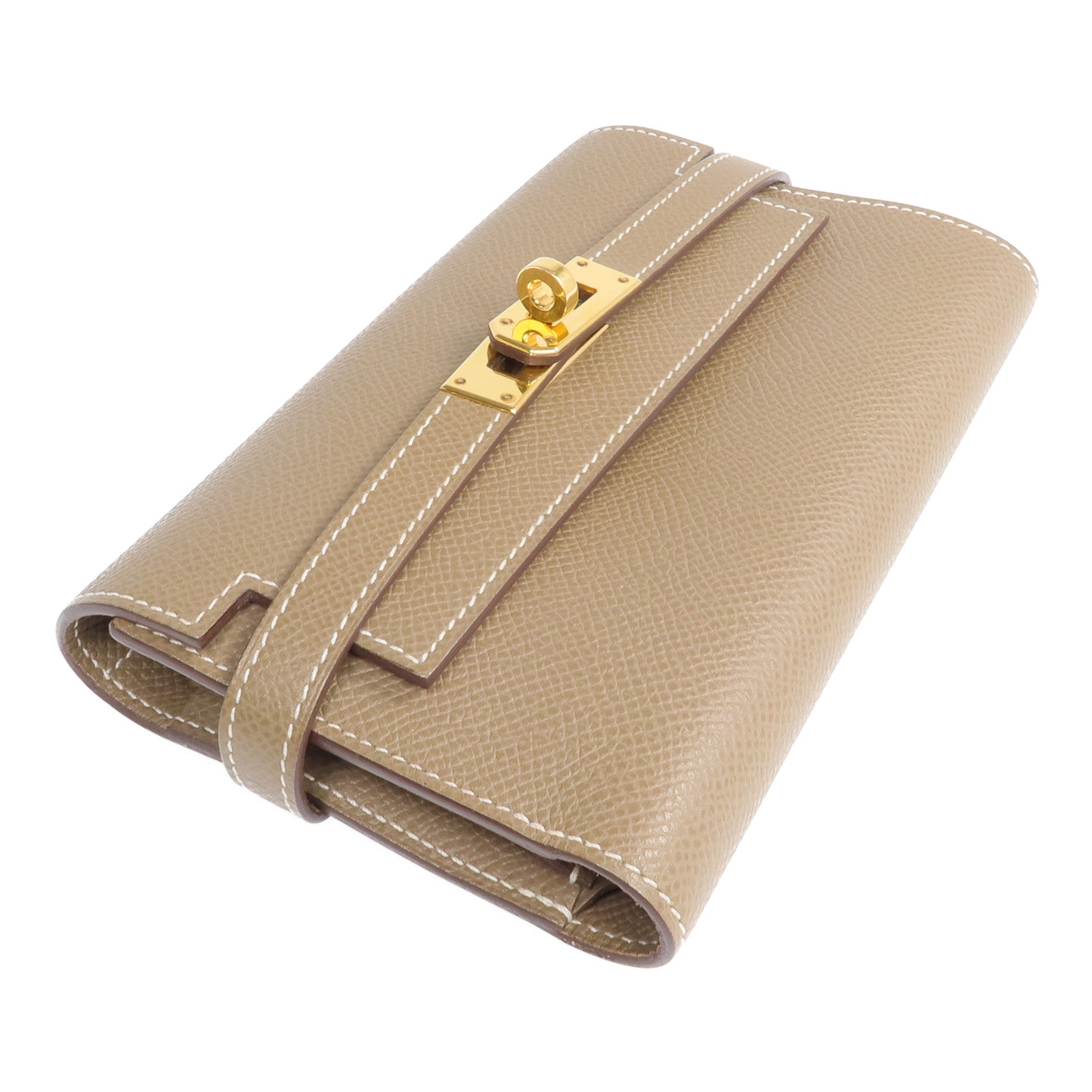 HERMES 【激減優惠】Epsom皮革Kelly Short Wallet金扣長錢包Etoupe