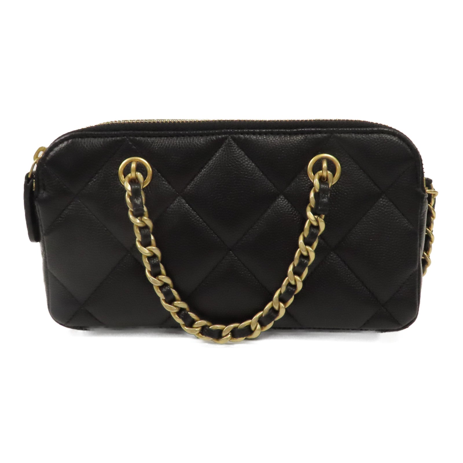 CHANEL 菱格Caviar皮革2 Way Chain Shoulder金扣鏈帶手挽肩背兩用袋黑色