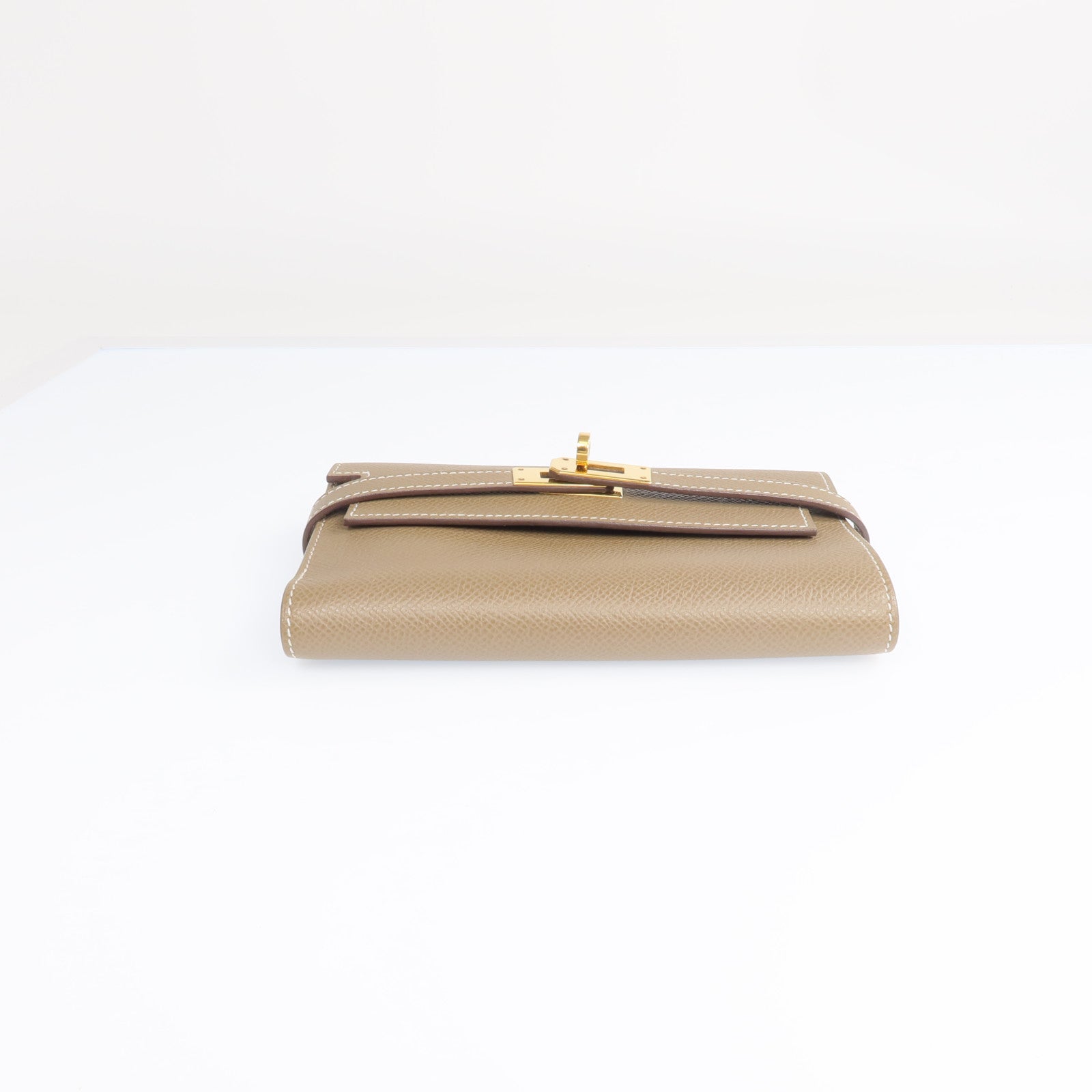 HERMES 【激減優惠】Epsom皮革Kelly Short Wallet金扣長錢包Etoupe